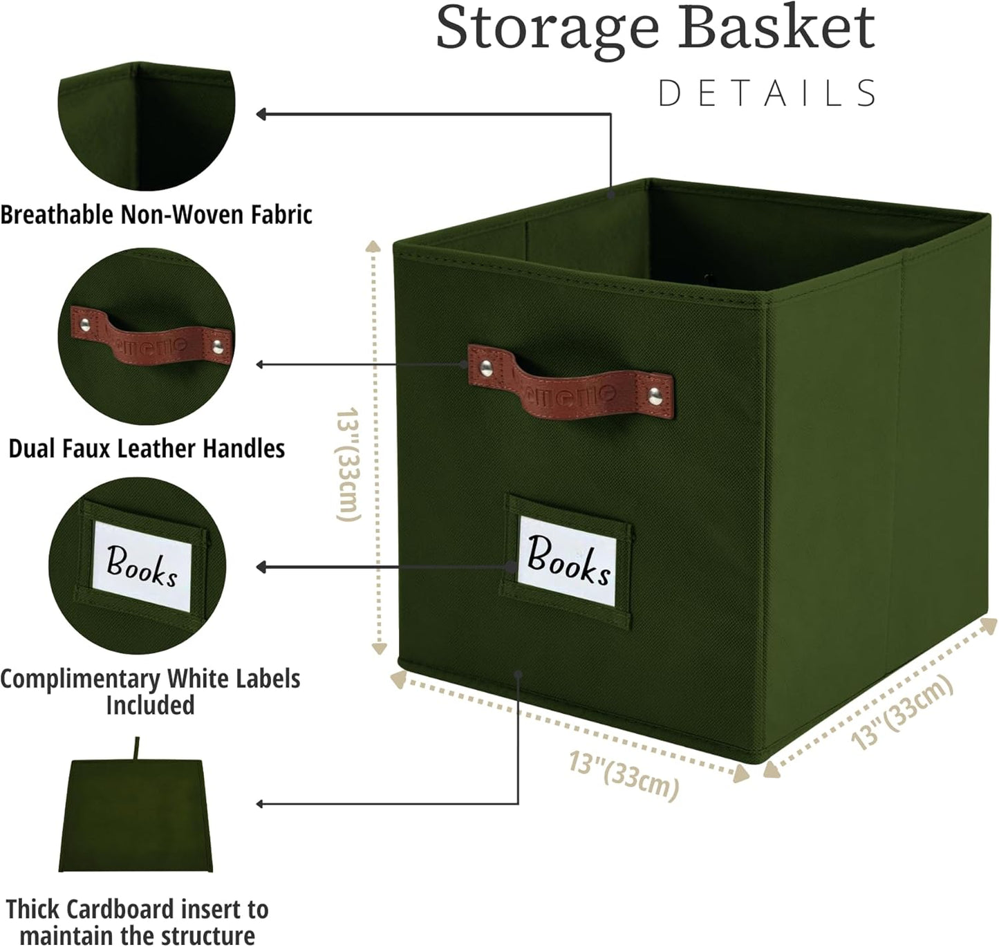 DECOMOMO Storage Cubes, 13x13x13 Storage Cube Bins with Labels, Fabric Organizer Bins (13" / 6pcs, Olive Green)