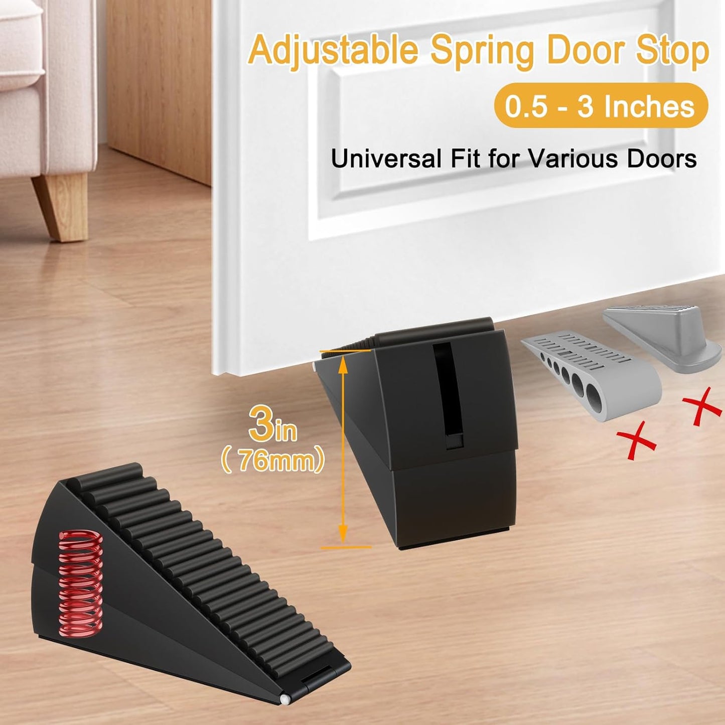 4 Pack Adjustable Spring Door Stoppers Heavy Duty, 3 Inches High Tall Large Metal Door Wedge Stopper, Strongest Rubber Doorstop for Bottom of Doors, Stainless Steel Doorstop for Any Heavy Doors