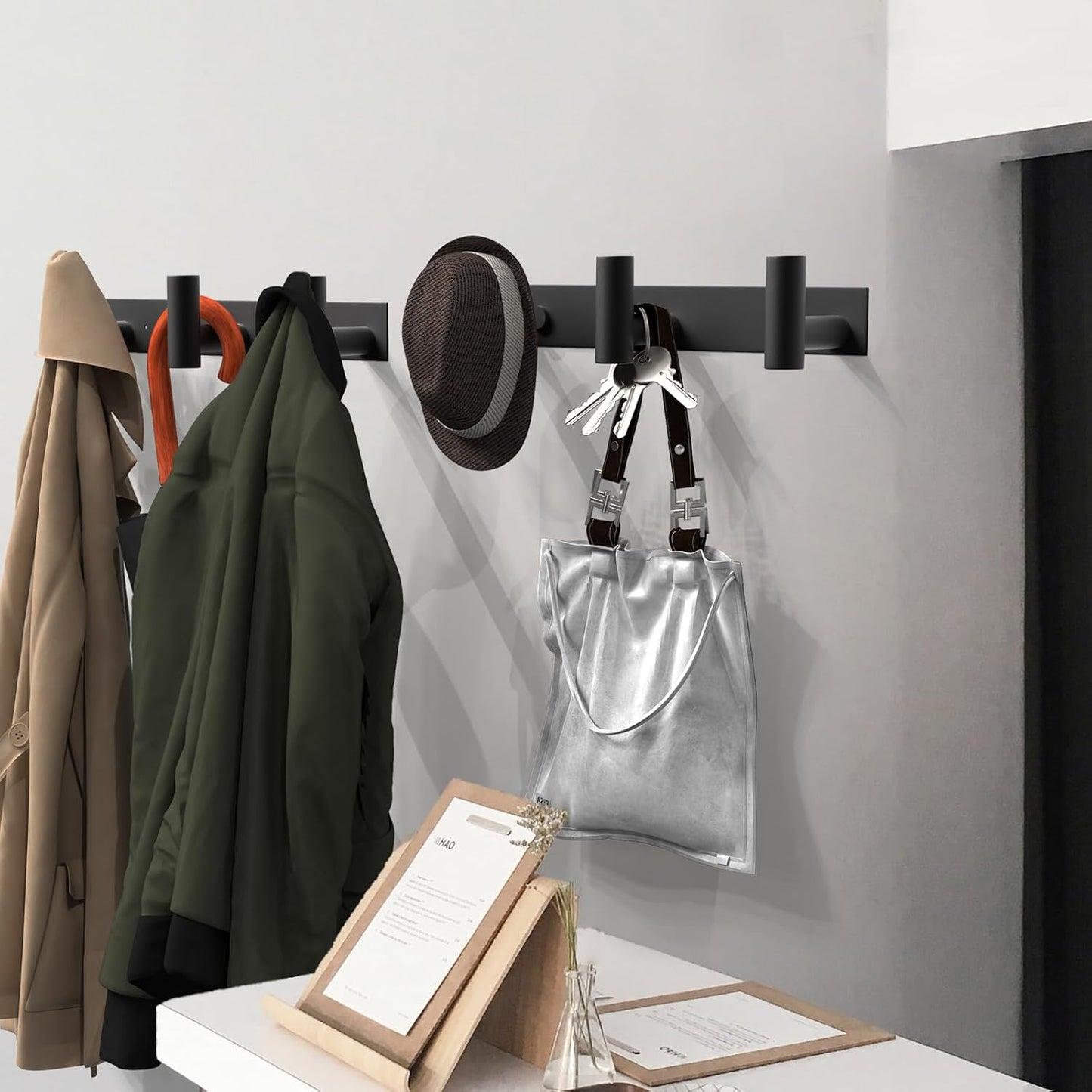 VAEHOLD Black Hat and Coat Wall Mount Rack - 3 Hooks for Robes, Bags, Keys, and Towels - Bathroom Towel Hanger Organizer (2 Pack)