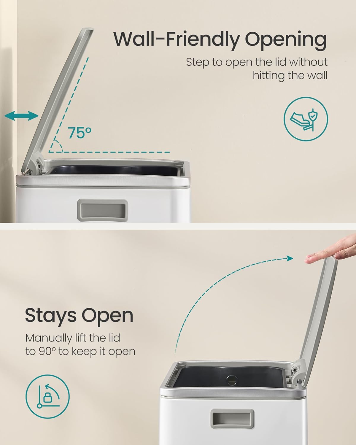 SONGMICS Trash Can, 13-Gallon Gabbage Can, with 15 Trash Bags, Steel, with Soft-Close Lid, Removable Inner Bucket, Handles, Cloud White ULTB595W01V1