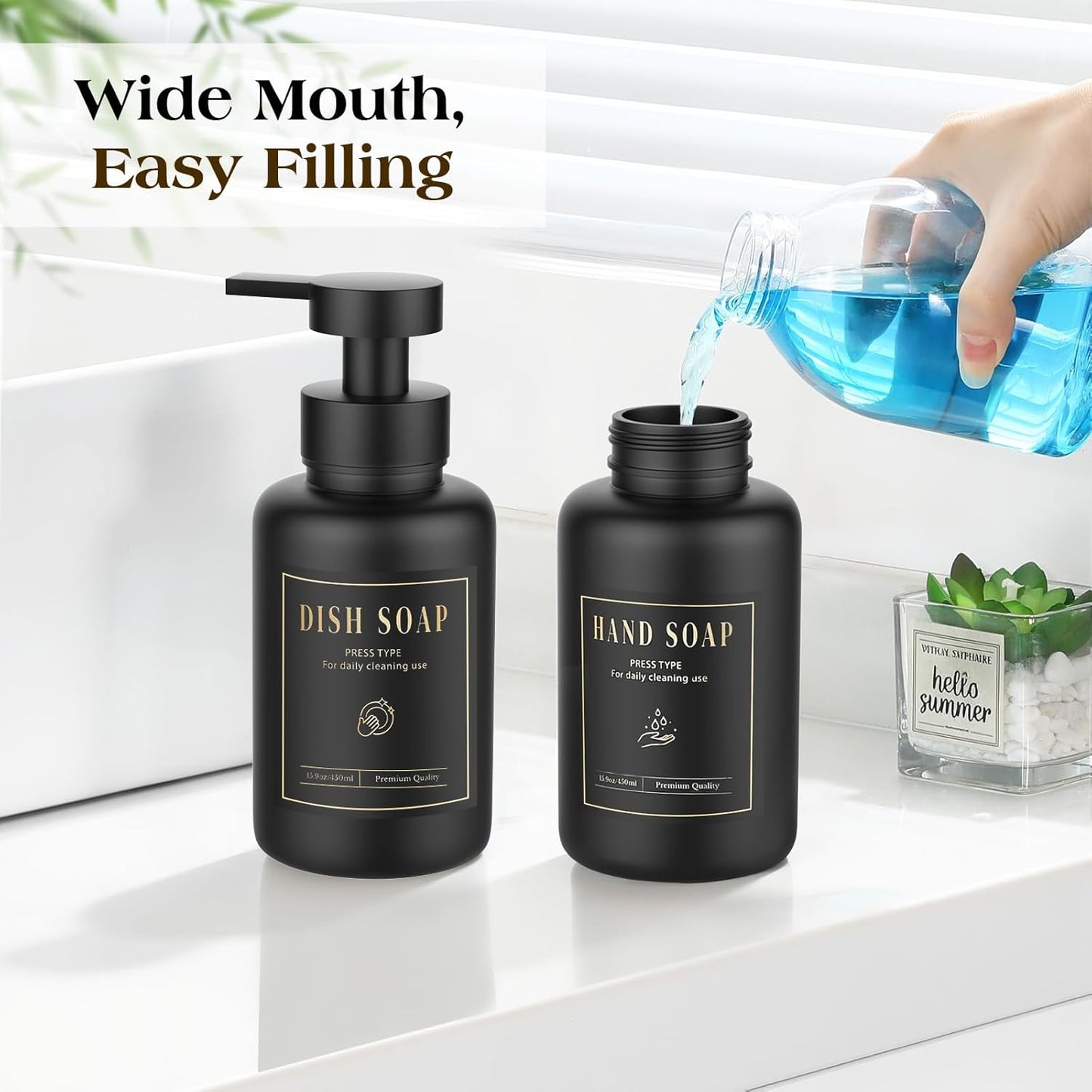 Luxspire Foaming Soap Dispenser, Glass Foam Pump Soap Dispenser, Non-Slip Hand Soap Container with 5 Waterproof Labels, 15 Oz Refillable Liquid Soap Holder for Bathroom & Kitchen, Black, 2 Pack