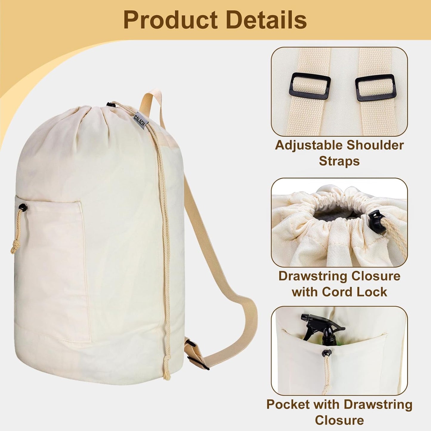 Laundry Bag Backpack, Canvas Laundry Bag with Straps & Drawstring Closure Washable Dirty Cloth Hamper Bag with Large Front Pocket for College, Travel, Laundromat, Camping (Beige)