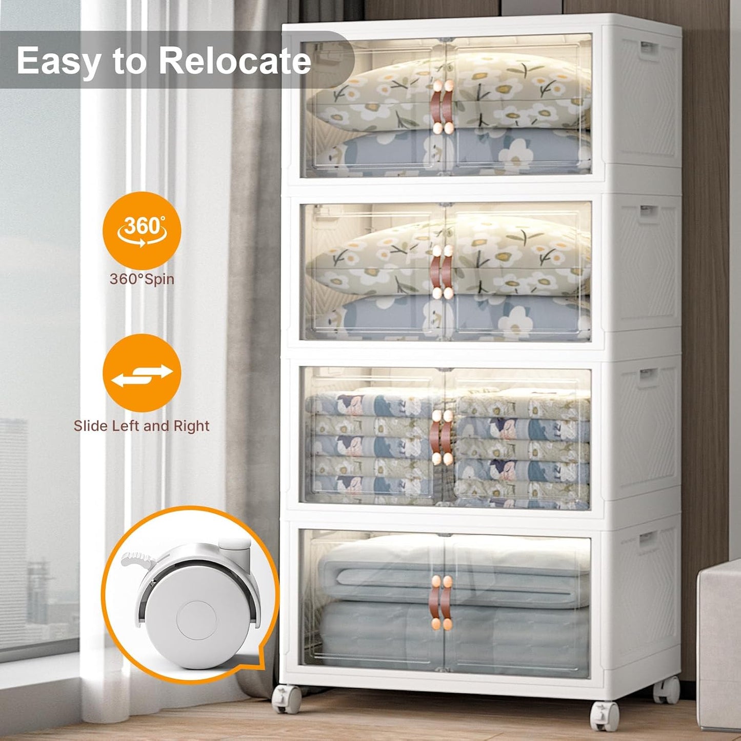 Extra Large Stackable Storage Bins with Lids & Wheels & Door, 640QT-160QT/40GAL*4Pack Foldable Collapsible Closet Organizers, Plastic Containers Drawers for Bedroom Dorm Garage Sturdy MAX