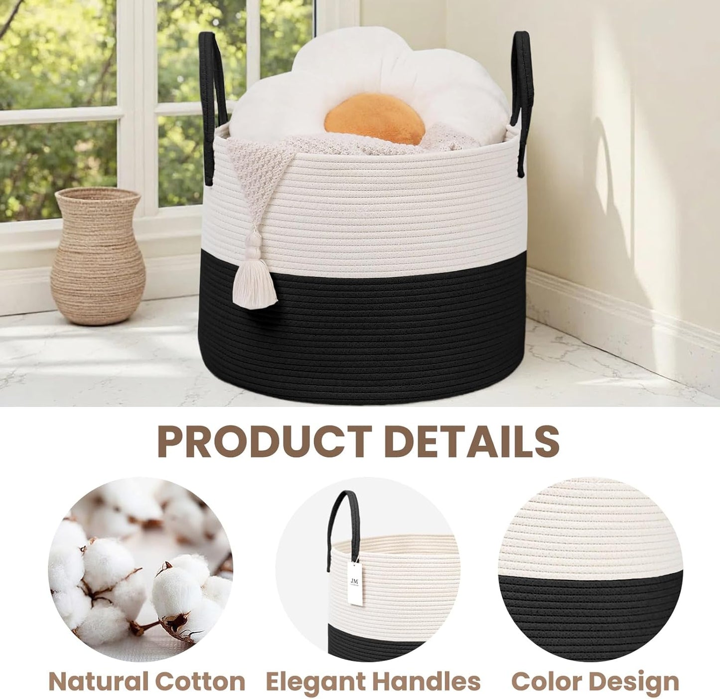Woven Blanket Basket,115L Large Rope Storage Bin with Handles, Organizer for Blankets Toys Book and Clothes, Laundry Basket for Living Room Bedroom Nursery,White&Black