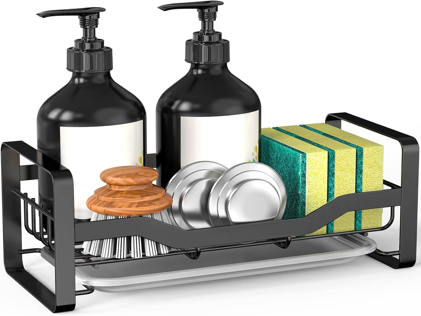 Sink Caddy Sponge Holder,Sponge Holder for Kitchen Sink,Kitchen Sink Organizer for Soap Brush Dispenser,Countertop Sink Caddy Organizer with Removable Drain Tray