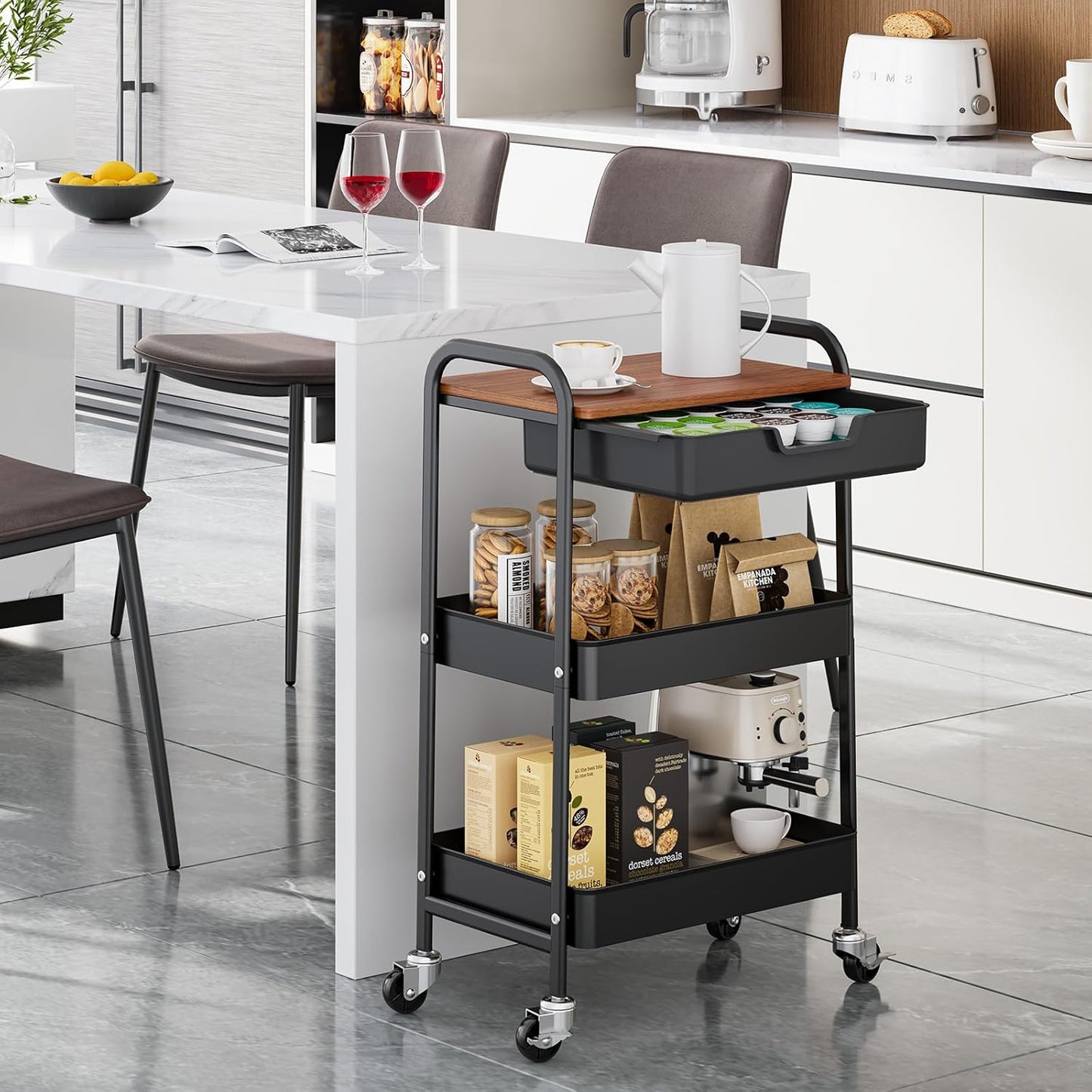 TOOLF 3-Tier Utility Rolling Cart with Wooden Board and Drawer, Metal Storage Cart with Handle, Black Trolley Kitchen Organizer Rolling Desk with Locking Wheels for Office, Classroom, Home, Bedroom