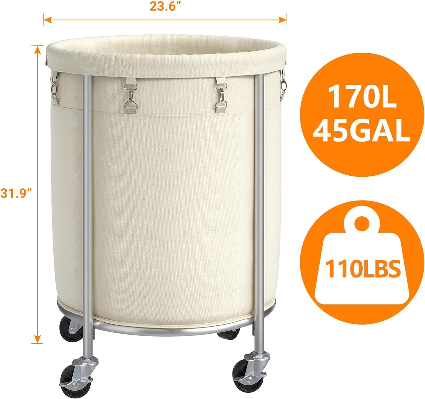 ELYKEN Laundry Basket with Wheels, 170L Rolling Laundry Hamper with Removable Bag and Steel Frame, Round Laundry Cart with 4 Casters and 2 Brakes, Ideal for Bedroom, Bathroom, Laundry Room, Cream