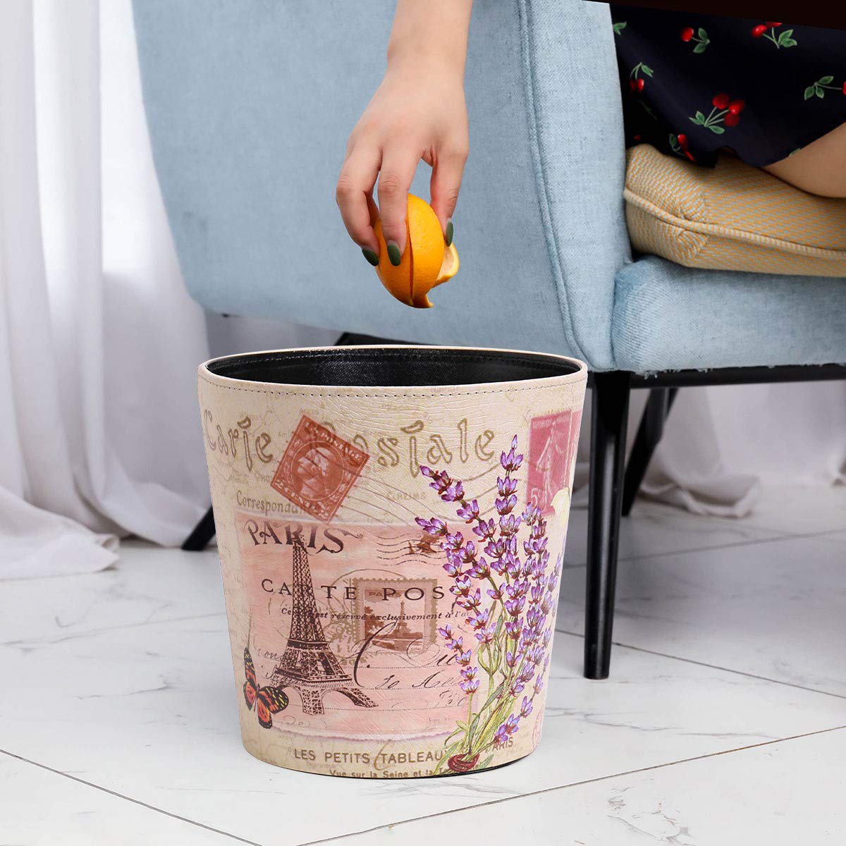 PU Leather Small Trash Can Wastebasket, Round Garbage Container Basket for Bathrooms, Laundry Room, Kitchens, Offices, Kids Rooms, Bedrooms,Dorms,Home Decorative Art Bin, 2.9 Gallon(Lavender Design)