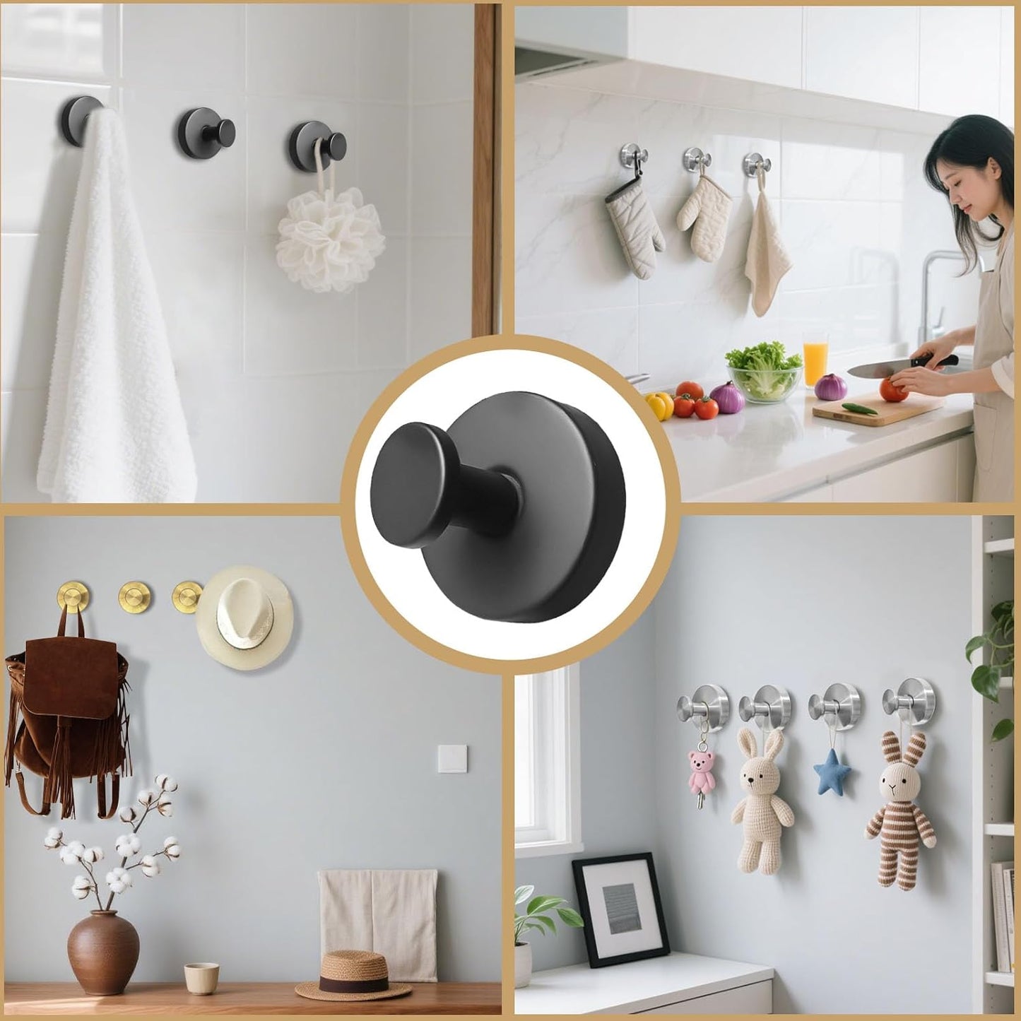 4 Pcs Suction Cup Hooks for Shower，Removable Hooks，Towel Hook，Suction Hook for Bathroom, Bedroom, Glass Window (Black)