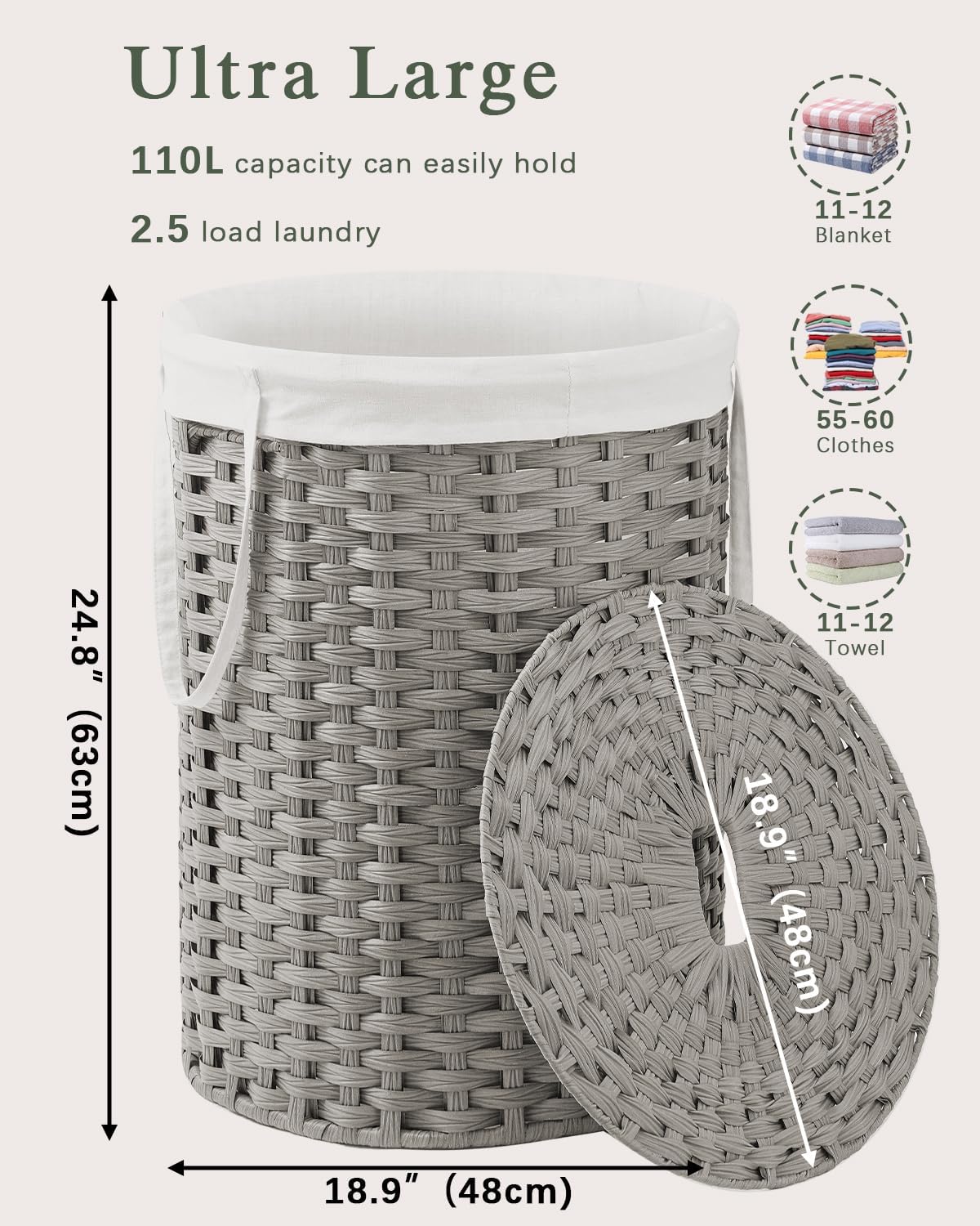 Laundry Basket with Lid Round Rattan Laundry Hamper with Lid and Handles 29.1 Gal (110 L) Handwoven Woven Basket with Removable Bags and 2 Mesh Bags for Bathroom Living Room Gray