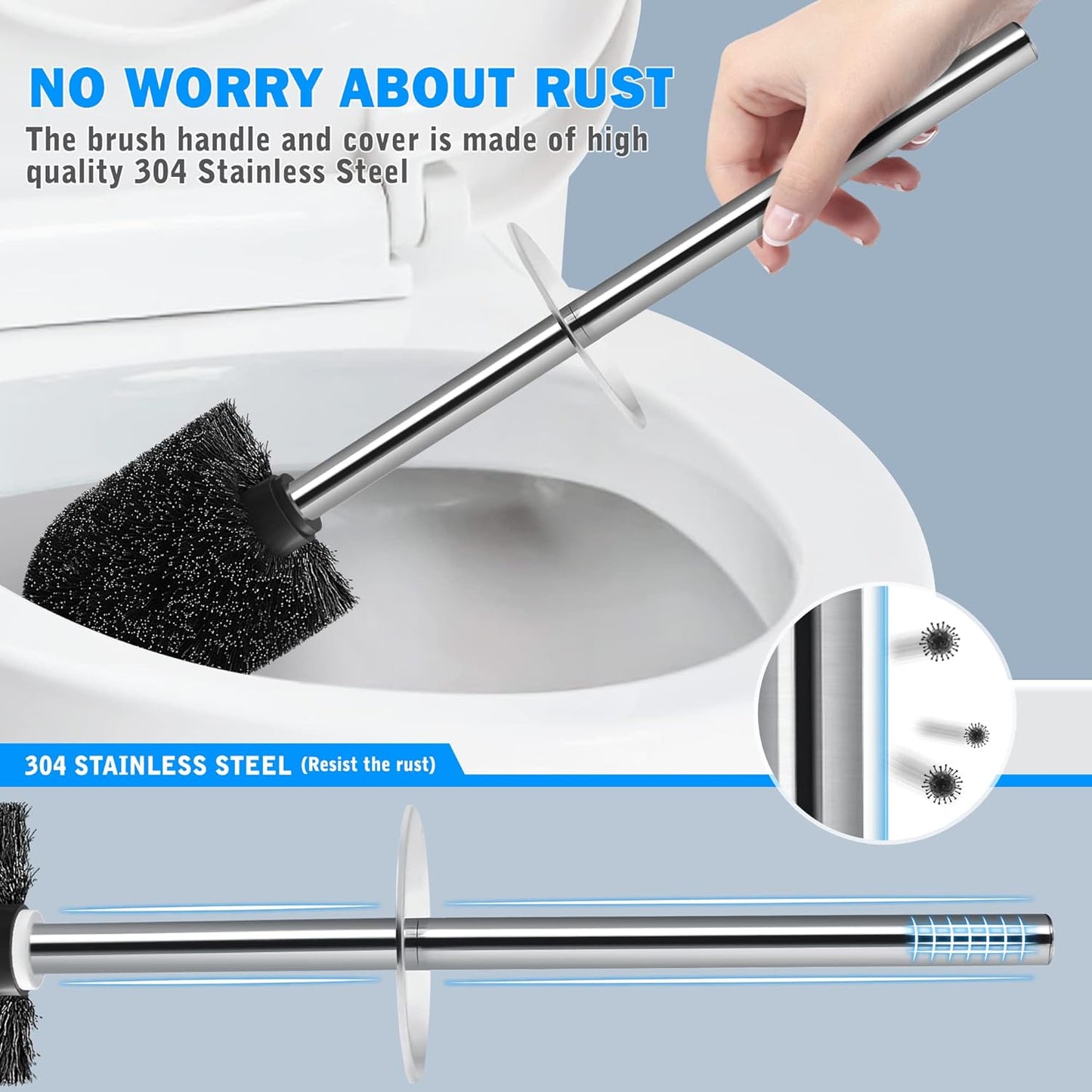 Toilet Brush and Holder, 2 Pack Toilet Brush with 304 Stainless Steel Long Handle, Toilet Bowl Brush for Bathroom Toilet-Ergonomic, Elegant,Durable (Grey)