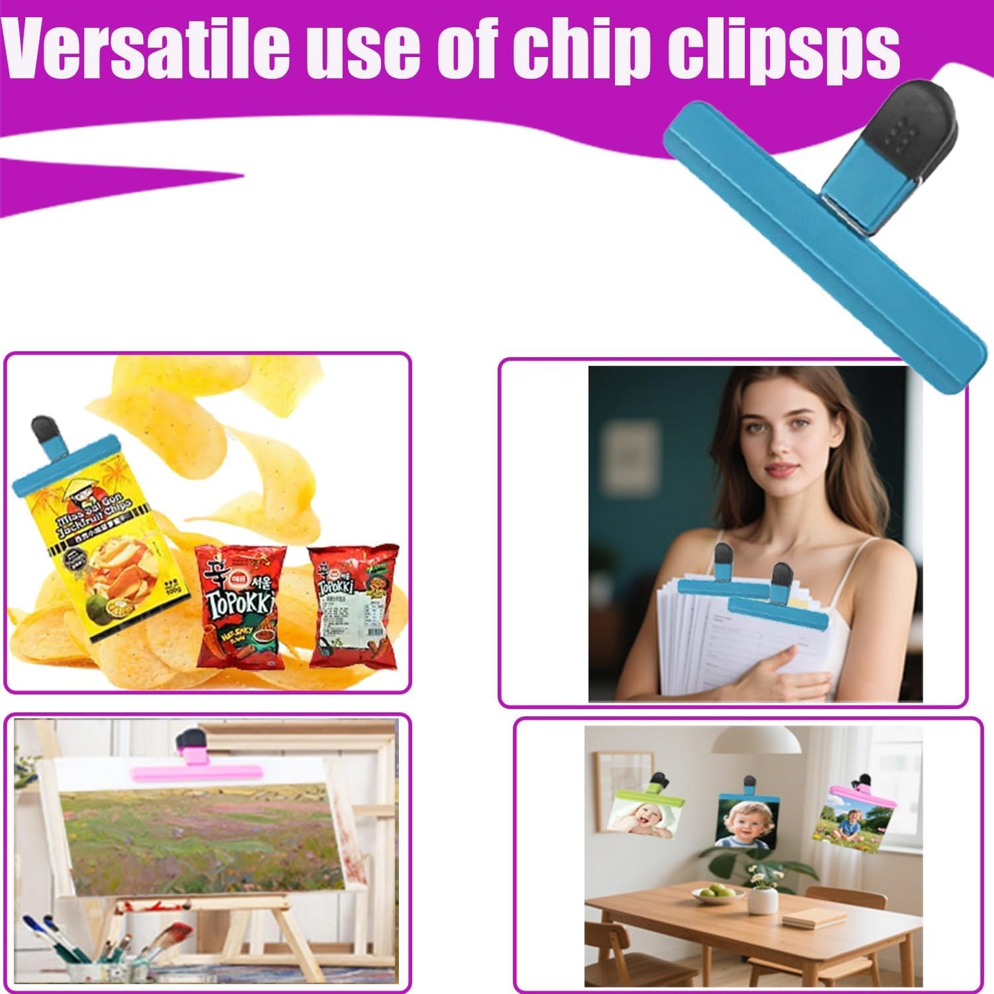 6 Pack Heavy Duty Bag Clip - Large Food Storage Clips for Chips, Snacks, Seal Bags - Durable Plastic Sealing Clips for Home, Office (3.5 x 6 Inch)