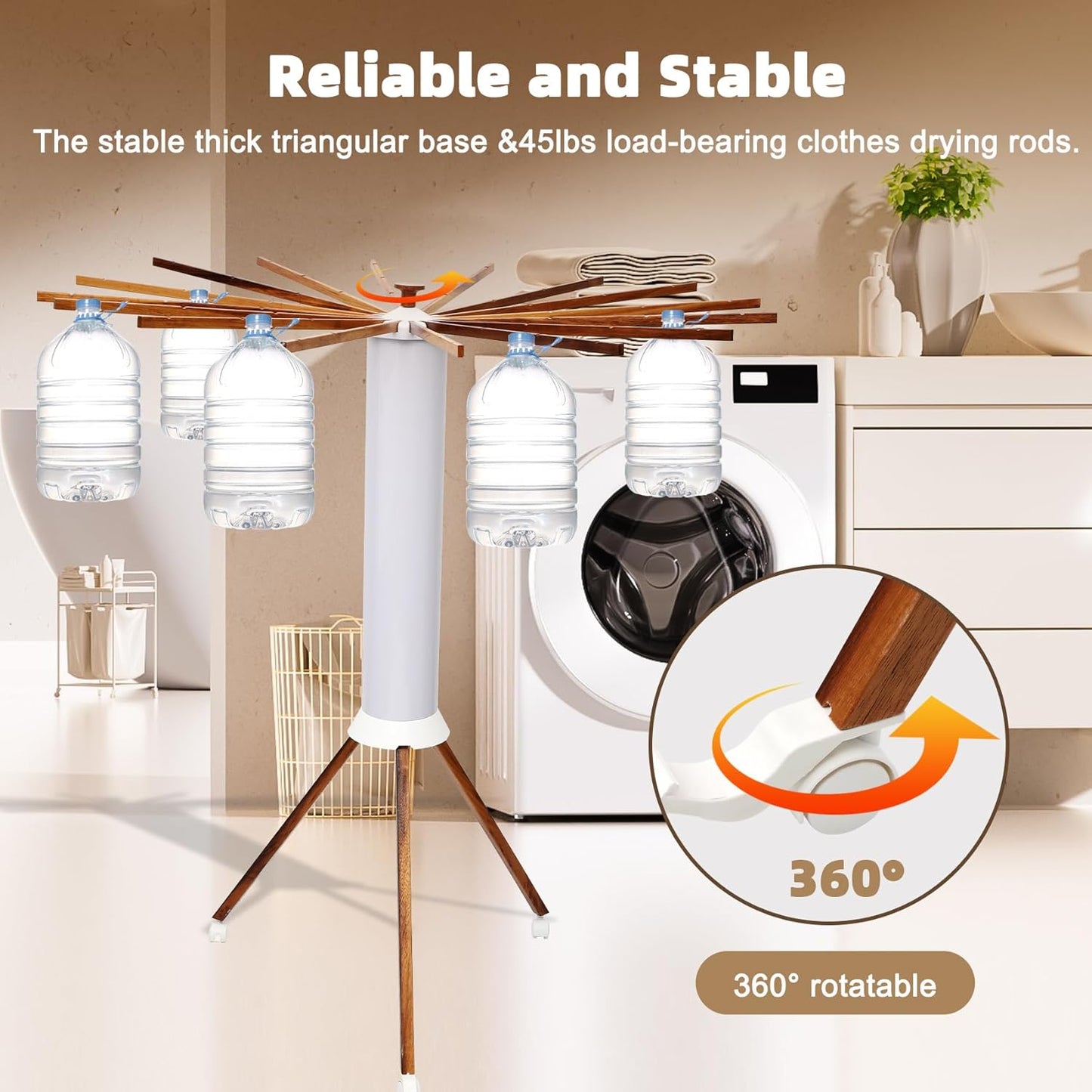 Portable Teak Tripod Clothes Drying Rack, Foldable Space-Saving Design, 16 Waterproof Teak Wood Drying Rods