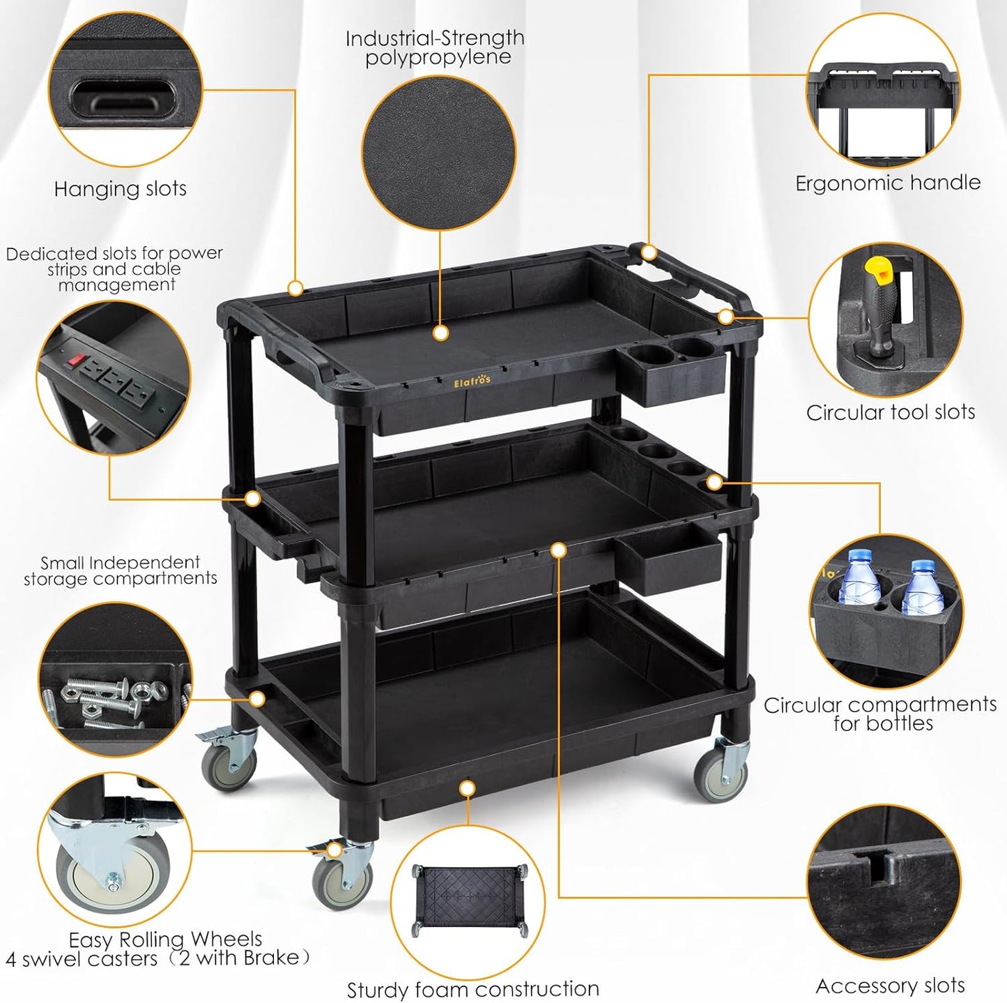 ELAFROS Multi-Use Utility Cart - 32.4x18.3 Heavy-Duty Service Cart with 3 Deep Shelves, Industrial-Grade Tool Cart Mobile Organizer, Rolling cart Holds up to 500 lbs, Black