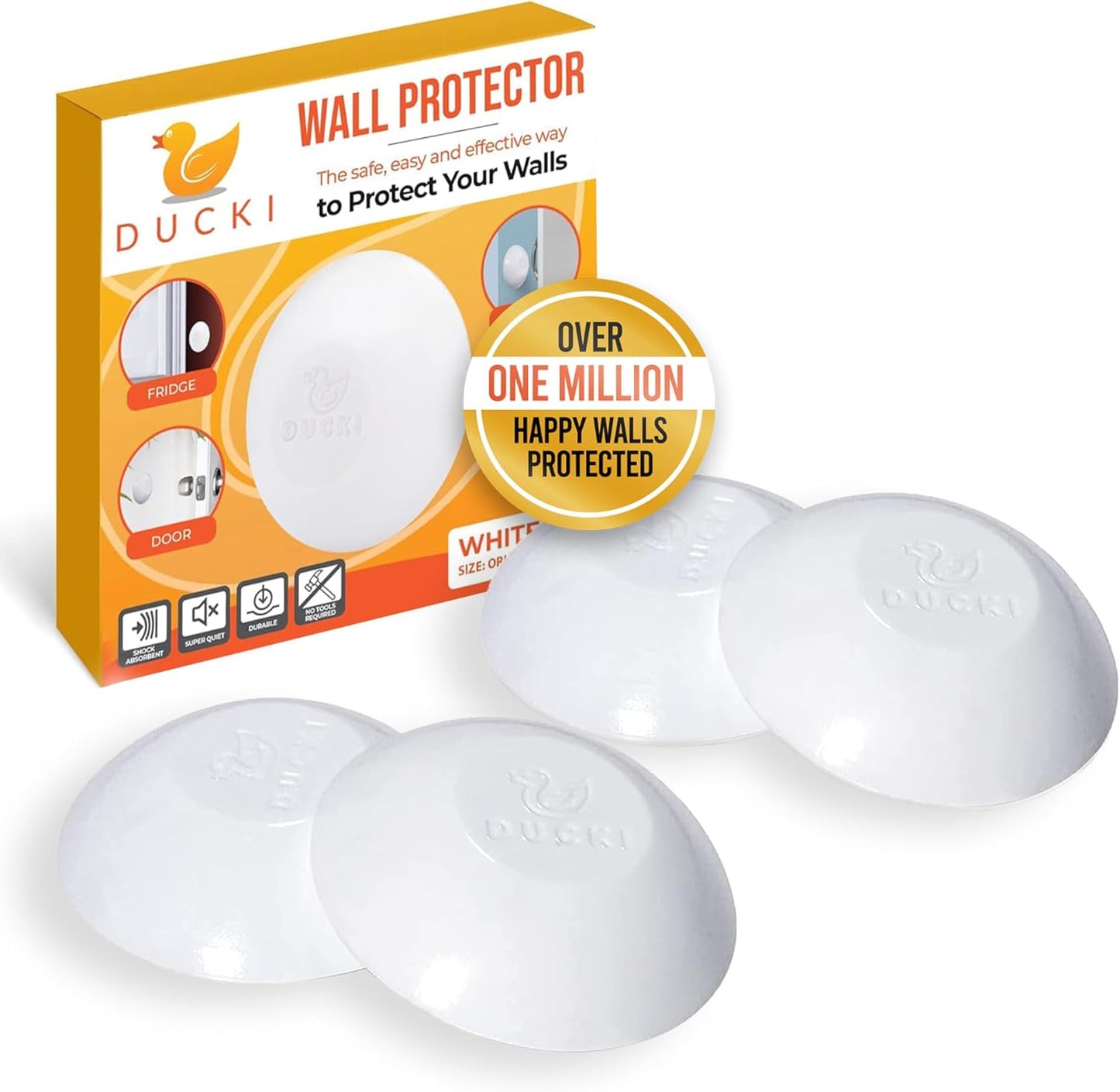 Ducki Wall Protectors -4 Pack White- Self Adhesive, Reusable Solution for Stopping Wall Damage & Noise from Doors, Refrigerators & More in Your Home or Office - Durable, Shock Absorbent & Discreet