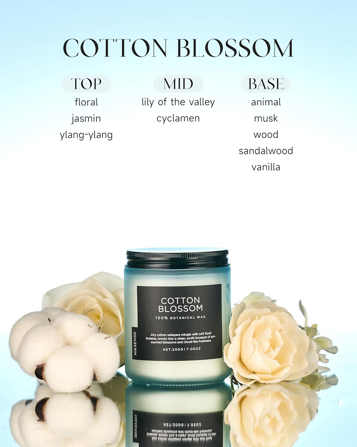 M&SENSE Clean Cotton Scented Candle - 7.05oz Natural Soy Wax Clean Cotton Blossom Scent Non Toxic Candle, 50-Hour Slow Burning 2-Wick Aromatherapy Home Fragrance Gifts for Home Decor
