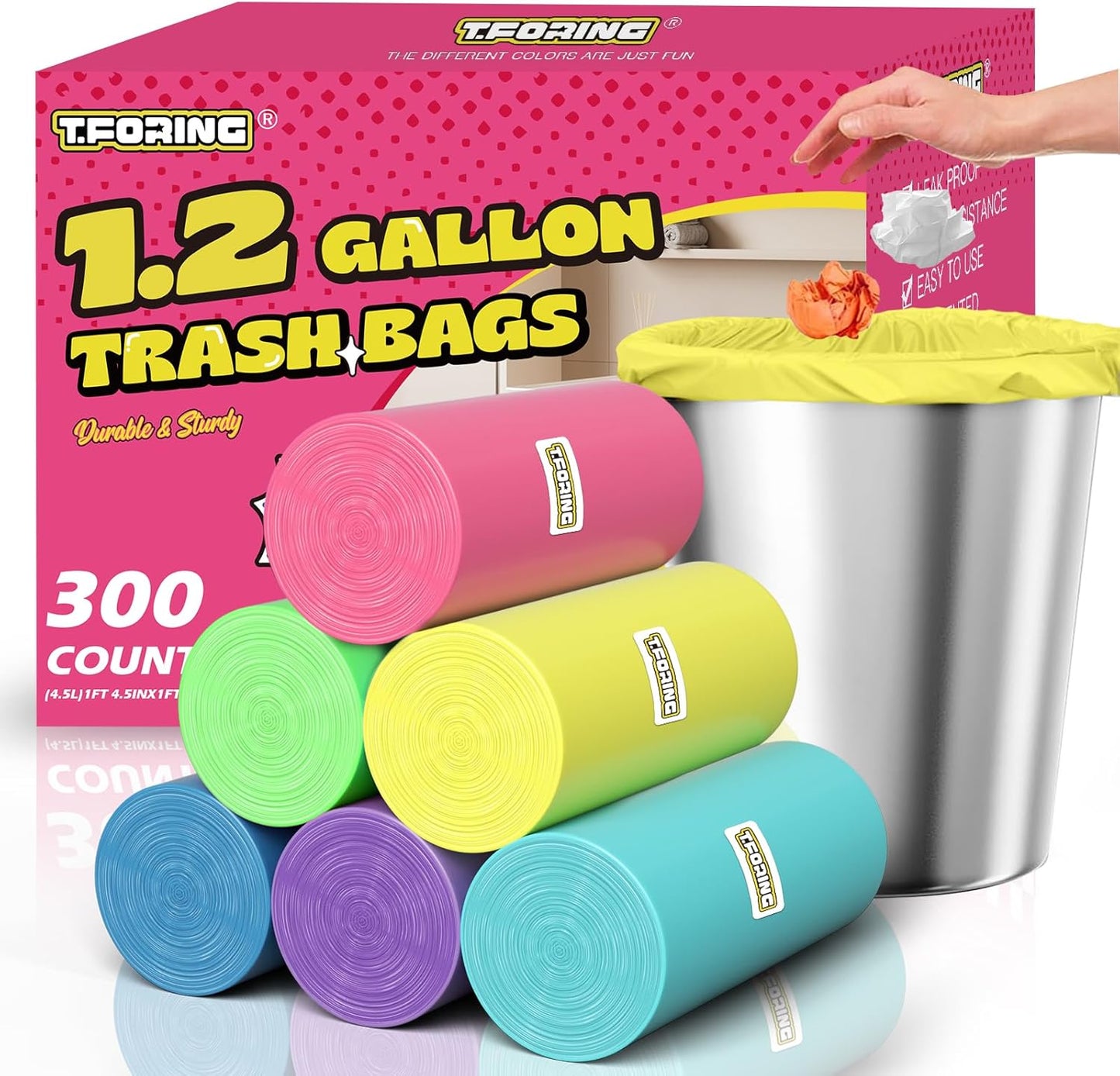300 Count 1.2 Gallon Trash Bags - 4.5 Liter Colored Small Garbage Bags Unscented Mini Can Liners Leakproof & Tear Resistant for Bathroom, Office, Home