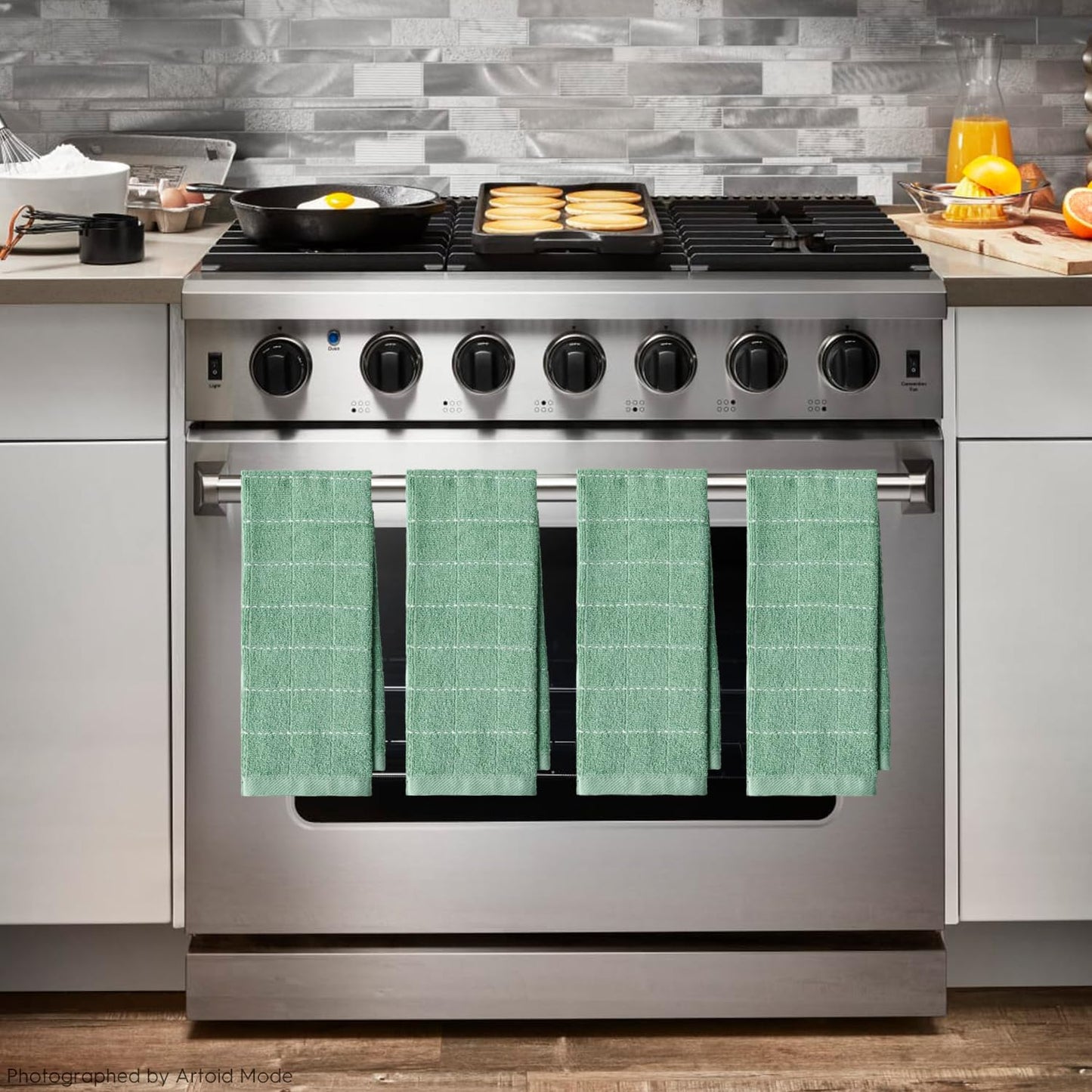 Artoid Mode Checkered Designed Cotton Light Green Terry Kitchen Dish Towels, 15x25 Inch Soft Absorbent Quick Drying Cleaning Tea Towels Set of 4