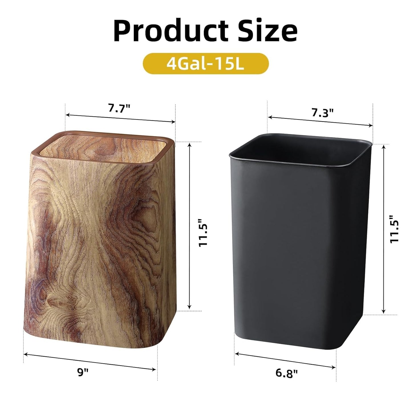 Wood Grain Plastic Trash Can Swing Top Lid, 4Gal/15L Farmhouse Wastebasket Bin Retro Style with Inner Bucket, Bathroom Trash Can Hidden Bag for Room Aesthetic, Square Brown Garbage Can 2pack