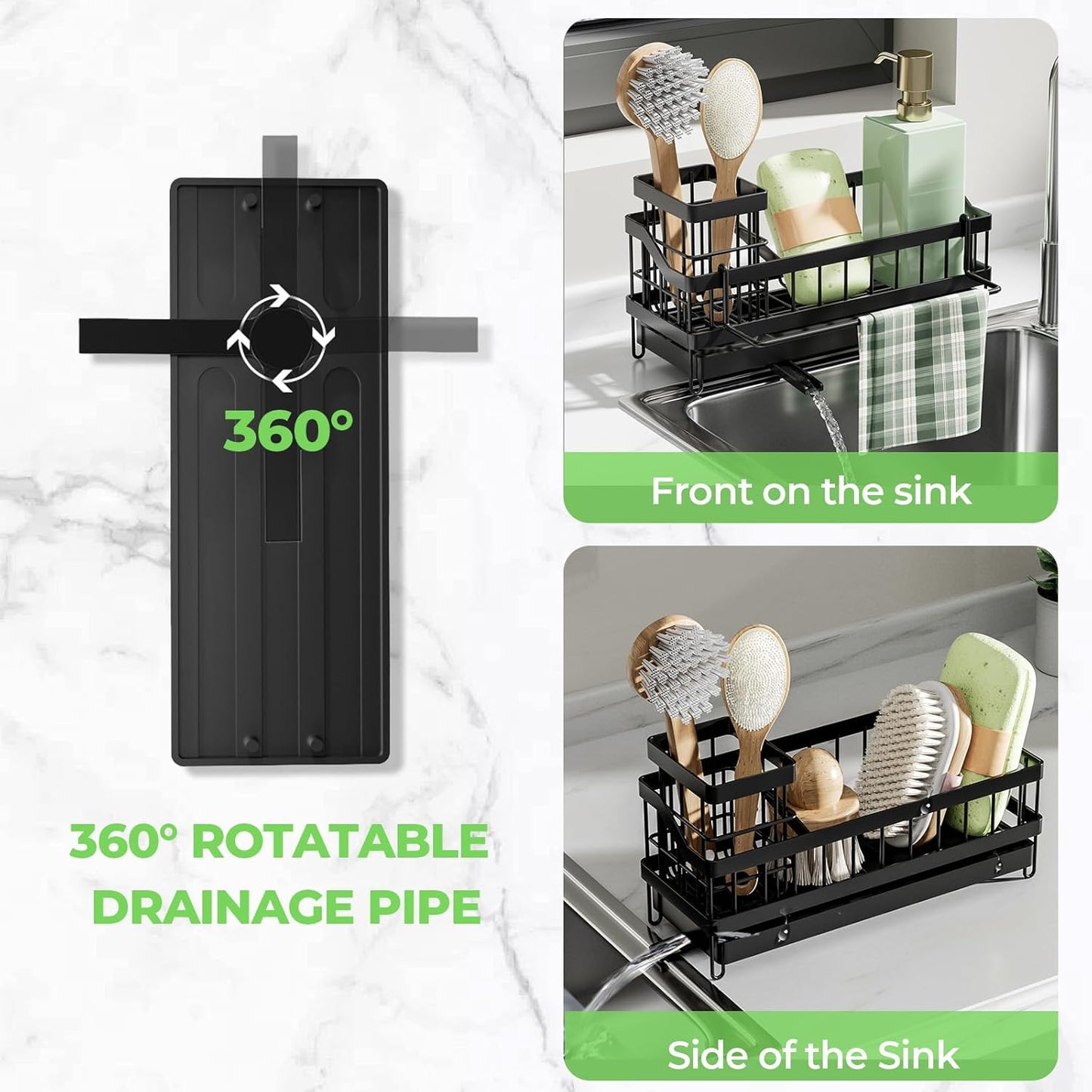 Sink Caddy kitchen Organzier with High Brush Holder, Wall-Mounted Sponge Holder for Sink, Countertop Organizer Soap Dispenser Storage, Rustproof 304 Stainless Steel Kitchen Essentials