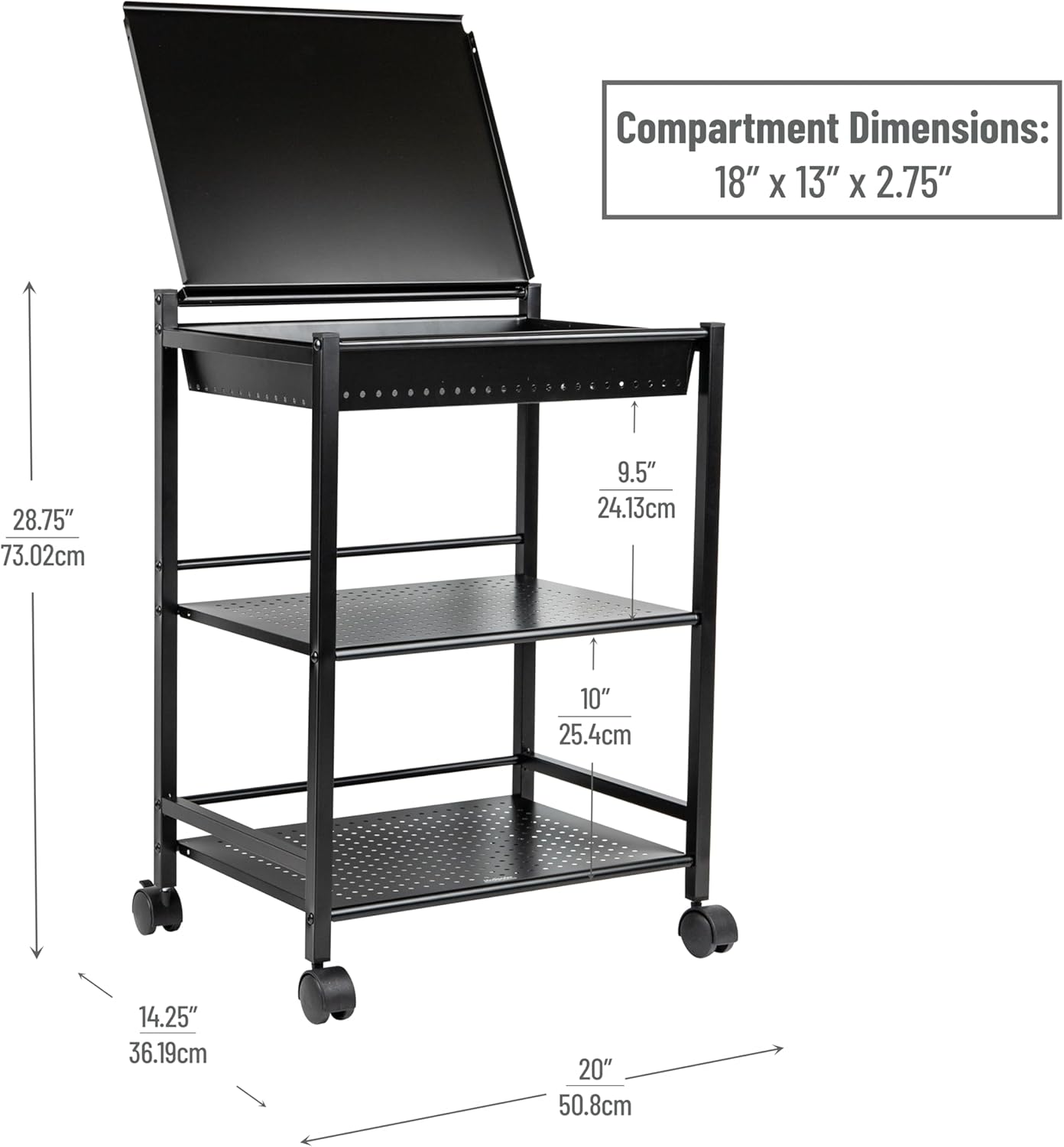 Mind Reader Cart with Covered Compartment, Office Organizer, Storage, 3-Tier, Office, Metal, 20" L x 14.25" W x 28.75" H, Black