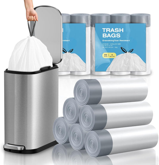 2.6 Gallon Mini Drawstring Trash Bags, Small Garbage Bags by KSSKSS, Code a fit 10-15 Liter, 2.6-4 Gal, White Trash Bin Liners for Home Office Kitchen Bathroom Bedroom, 120 Counts