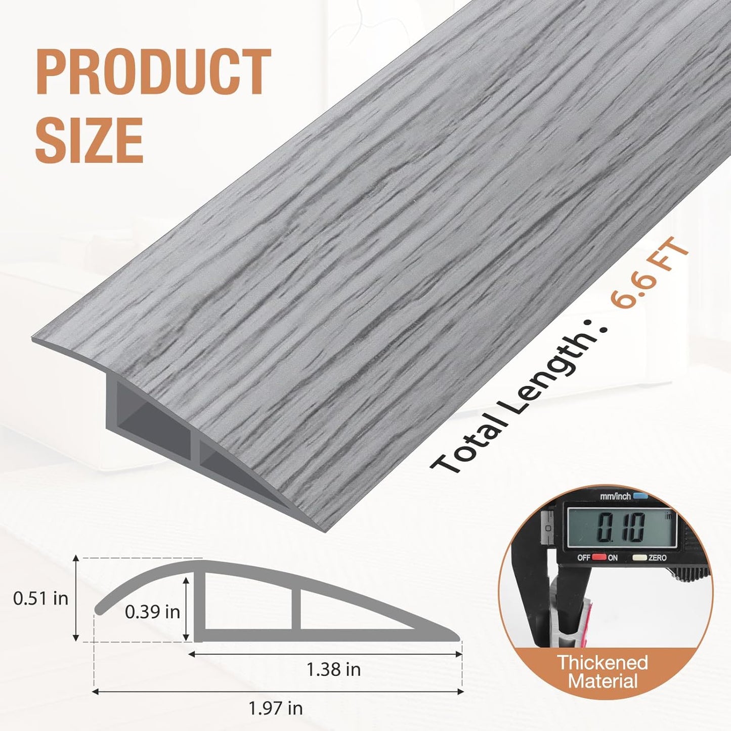 Floor Transition Strip Self Adhesive Vinyl Door Threshold for Doorways Carpet Edging Trim Overlap Edge Reducer for Laminate Floor, Carpet, Tile (Light Gray Wood Grain, 1/5" to 2/5", 6.6Ft)