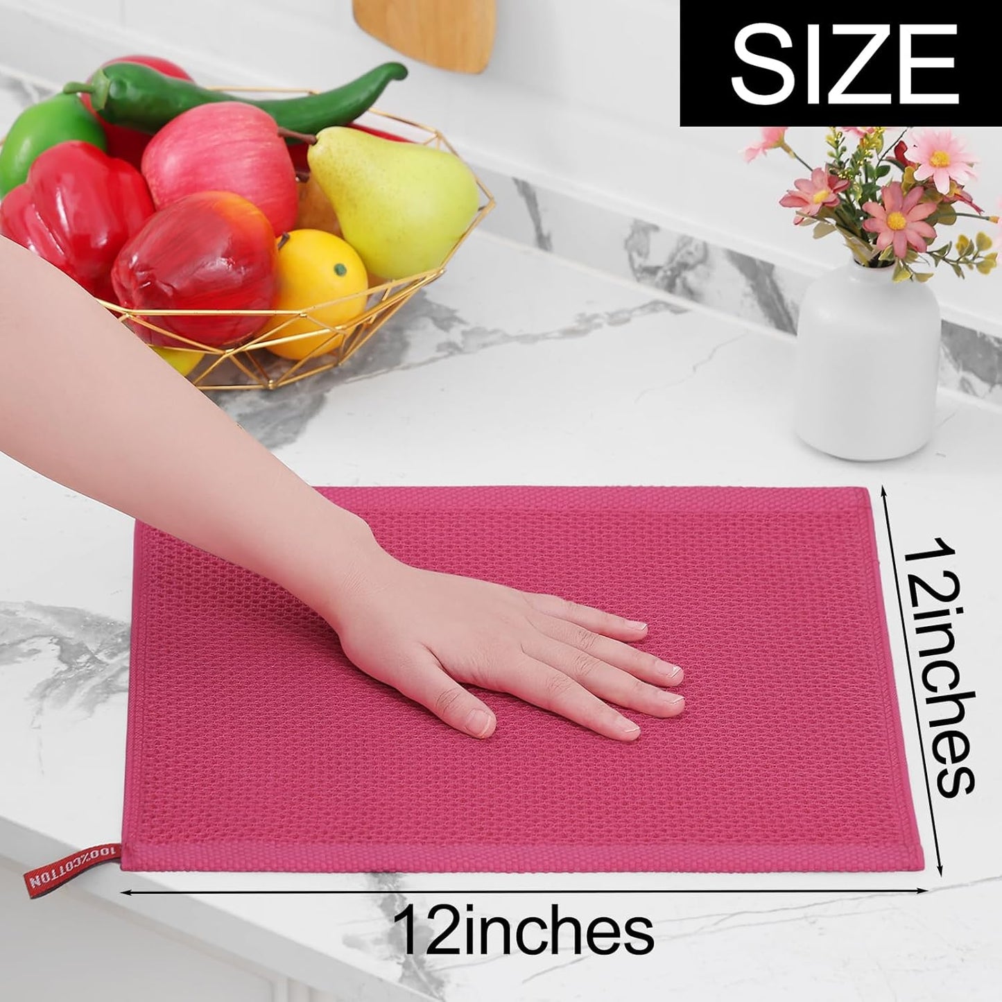 Homaxy 100% Cotton Waffle Weave Kitchen Dish Cloths, Ultra Soft Absorbent Quick Drying Dish Towels, 12 x 12 Inches, 12-Pack, Hot Pink