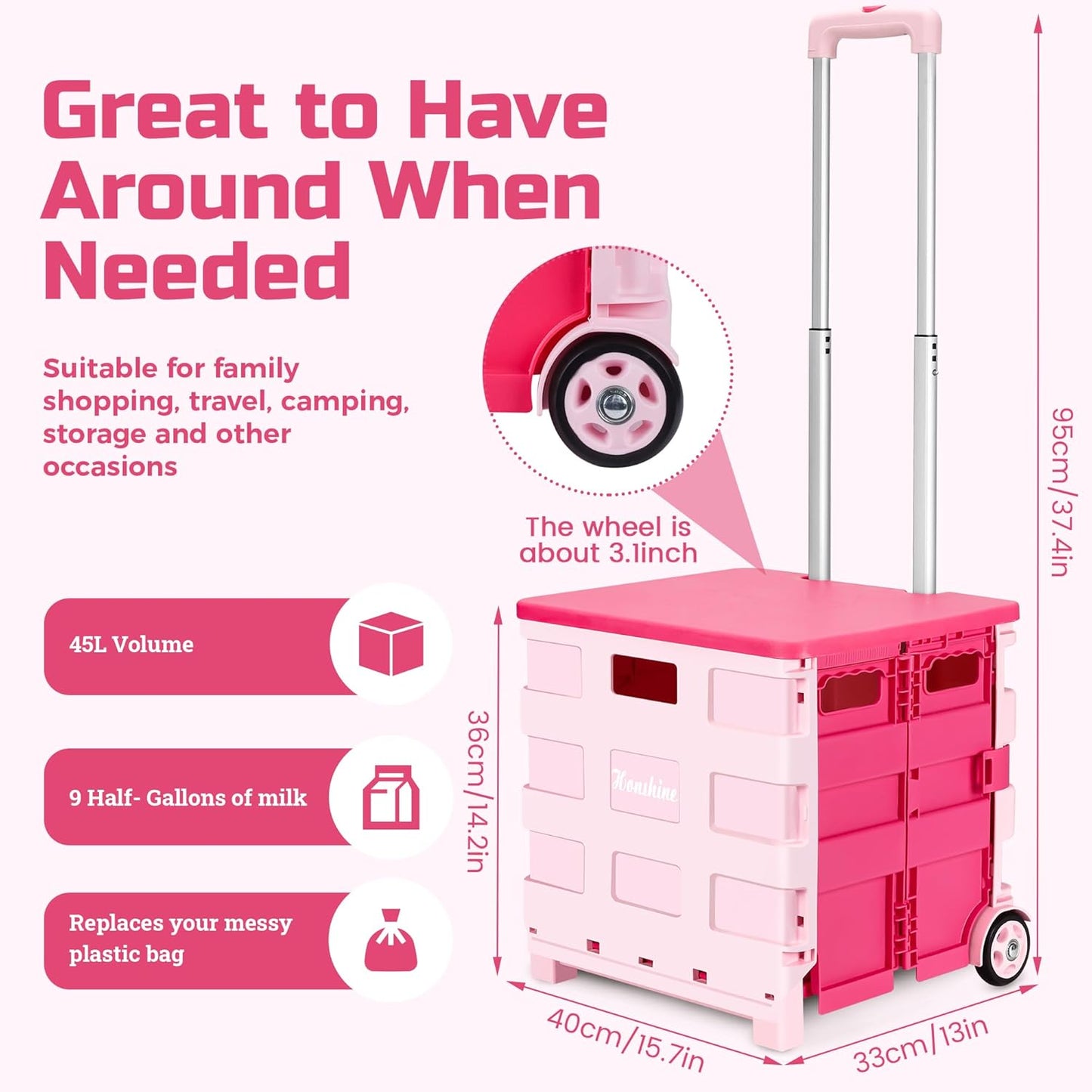 Foldable Rolling Cart on Noiseless Wheels: Portable Utility Cart for Grocery Books File Office (Pink)