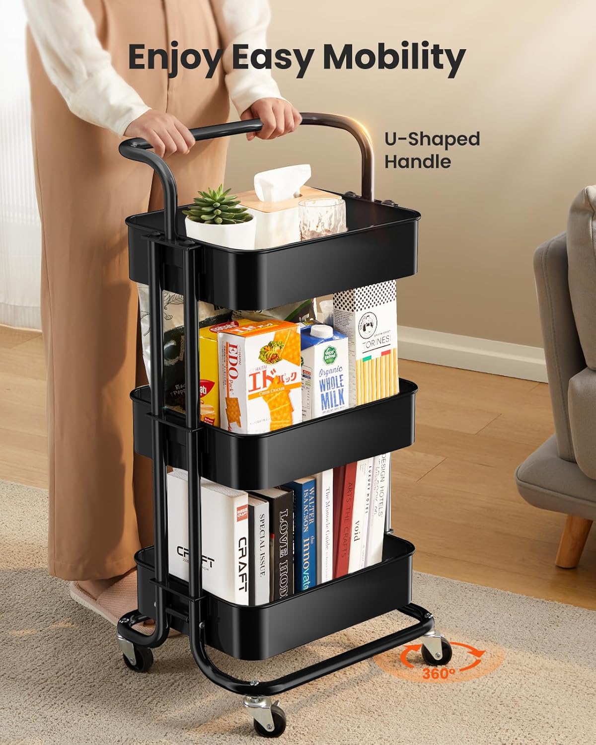 Pipishell 3 Tier Mesh Utility Cart, Rolling Metal Organization Cart with Handle and Lockable Wheels, Multifunctional Storage Shelves for Kitchen Living Room Office Black