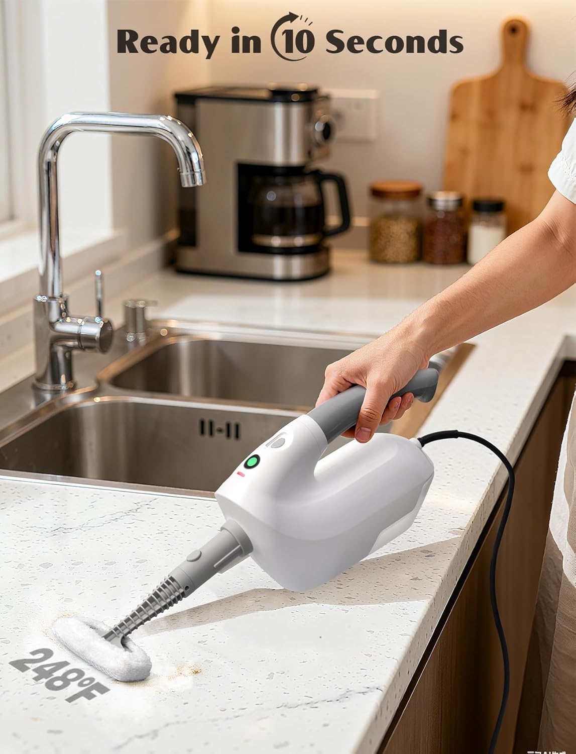 10-in-1 Steam Mop with Detachable Handheld Steamer, Multi & Up Steam Cleaner for Home with 350ml Tank, 10s Heat-Up, 2-Level Control, Lightweight and Multi-Surface Steamer for Floors, Carpets, Tiles