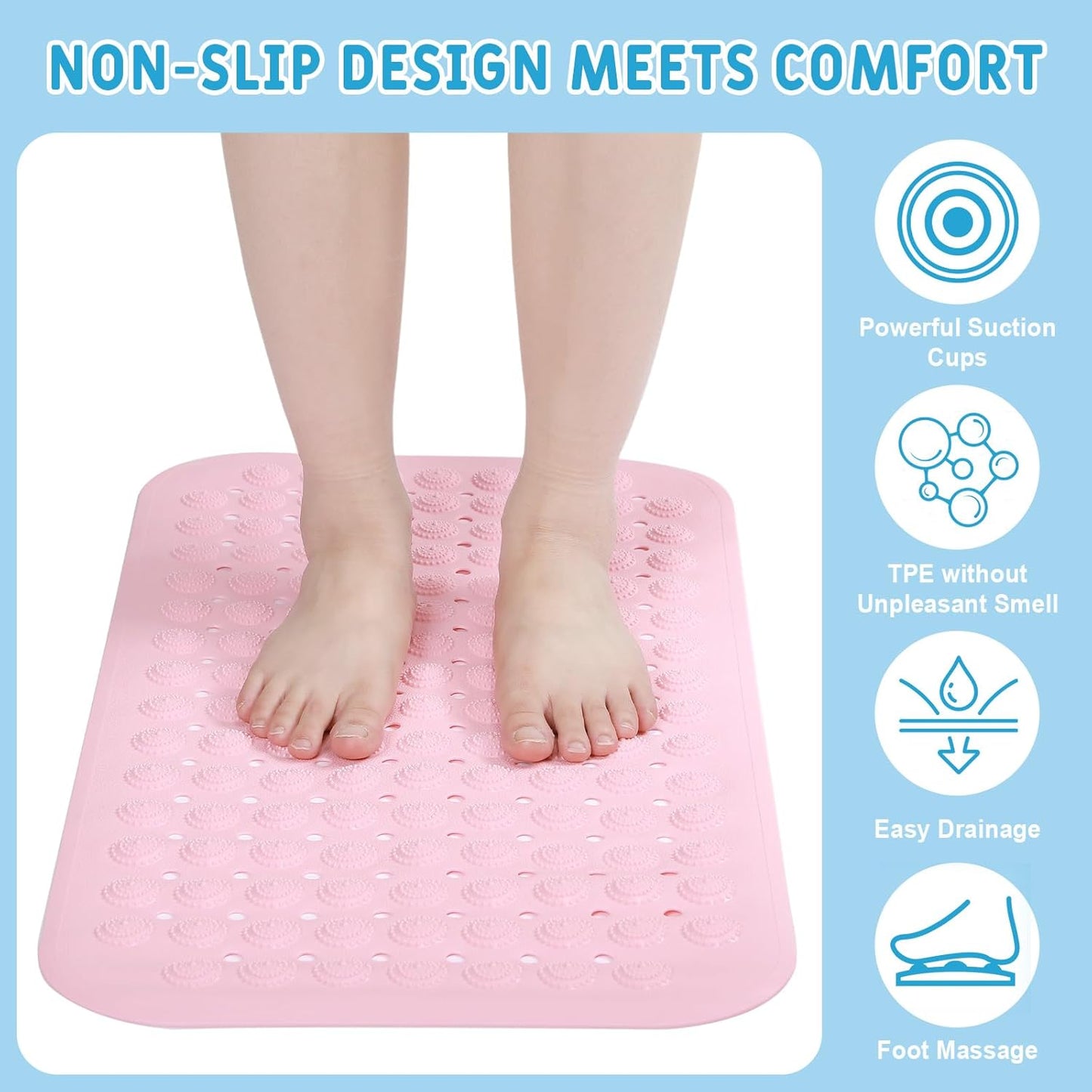 Dunzy 12 Pcs Non Slip Bath Mats 27.6x14.2 Inches TPE Bathtub Mats with Suction Cups Drain Holes Textured Surface Anti Slip Shower Pad for Bathroom Tub Adults Elderly Home Hotel