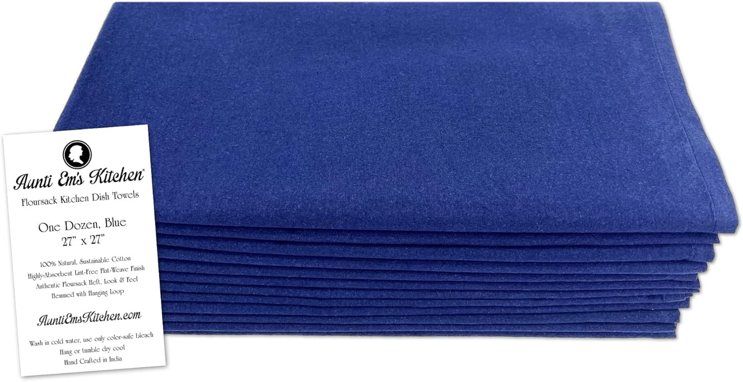 Aunti Em's Kitchen Flour Sack Dish Towels - Natural Cotton for Embroidery and Drying Glass, Hand, Dinnerware - Plain, Thick, Zero-Lint, Highly Absorbent - Set of 12, 27 x 27 Inch, Navy Blue