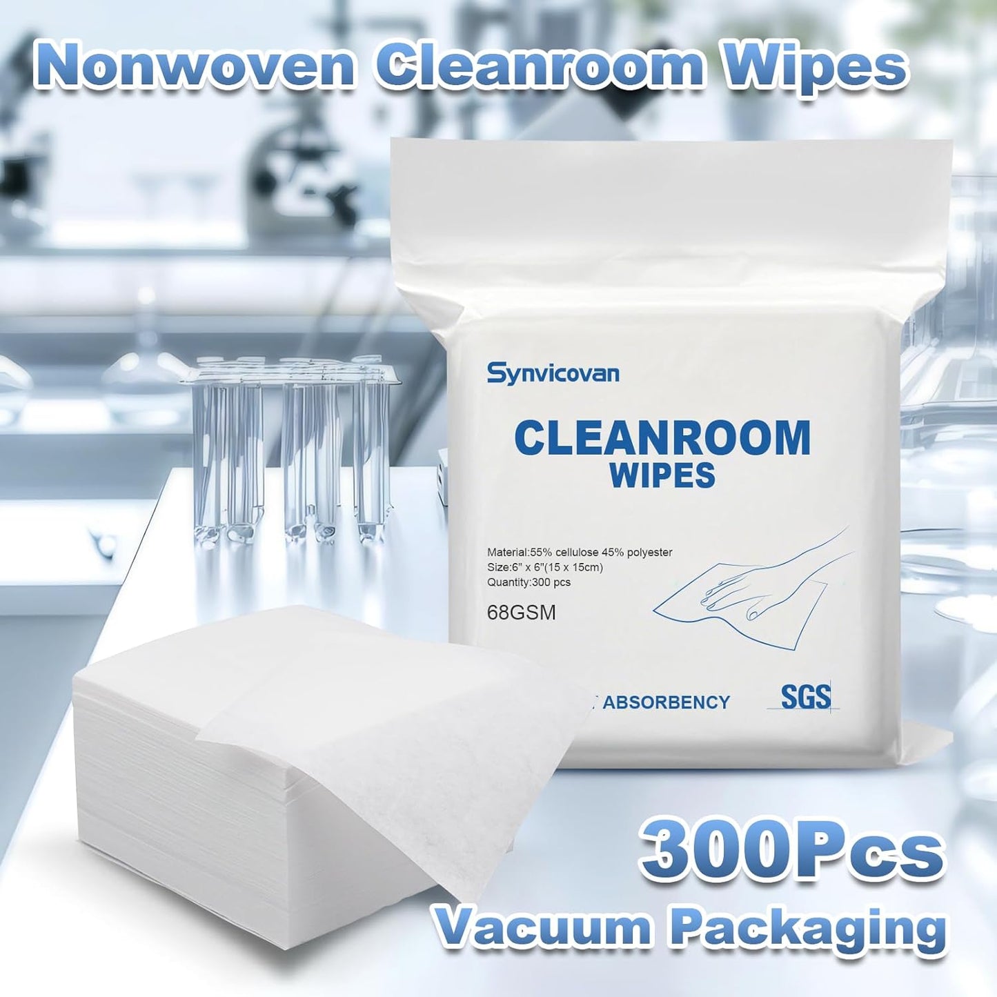 Cleanroom Wipes 6"x6" (300 Pcs, Cellulose/Polyester Blend, Grade A, 68GSM) Lint Free Wipes for Laboratory, Electronics, Pharmaceutical,Printing,Automotives and Semiconductor Industries
