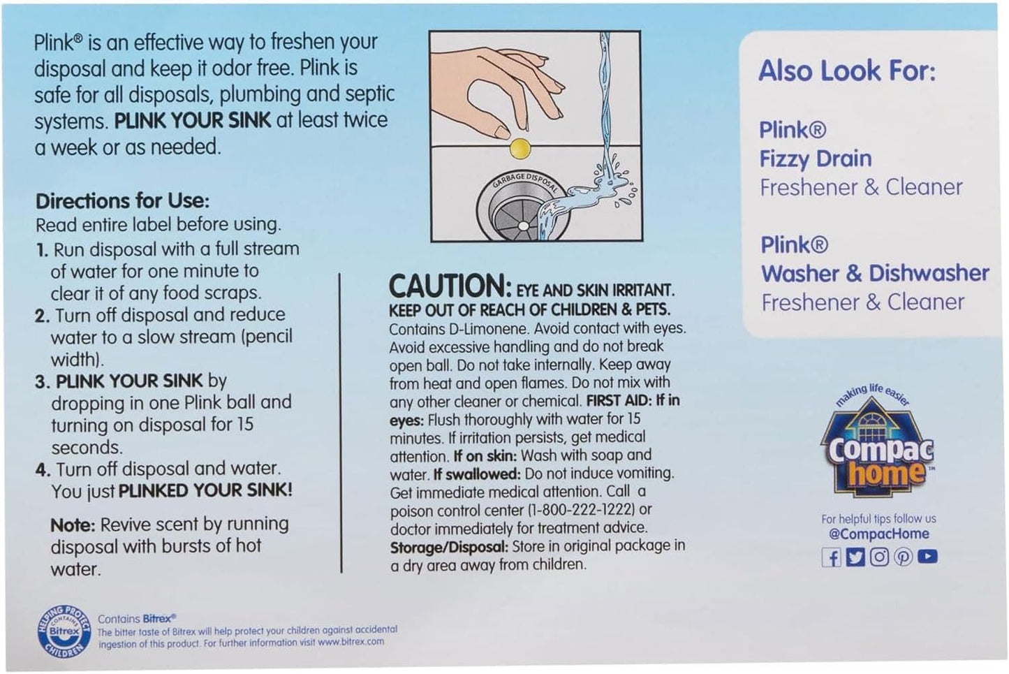 COMPAC HOME Plink Garbage Disposal Cleaner & Deodorizer, Air Fresheners for Garbage Disposal, Simply Fresh Scent, Home Cleaning Products for Kitchen Sink and Clogged Drains, Pack of 2-40 Count Total