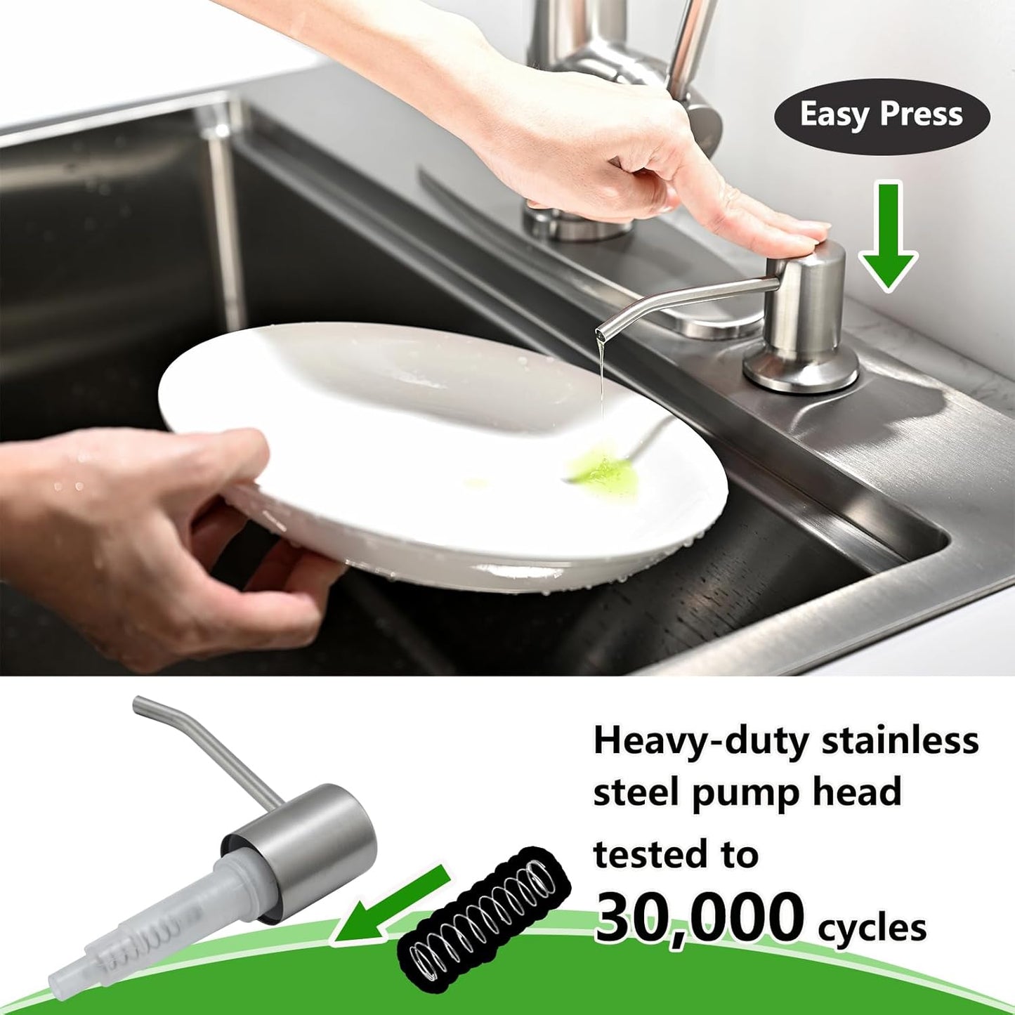 Built in Soap Dispenser for Kitchen Sink, Stainless Steel Brushed Nickel Countertop Pump Head, Dish Soap Hand Lotion Dispenser with Refillable 16.9oz Bottle