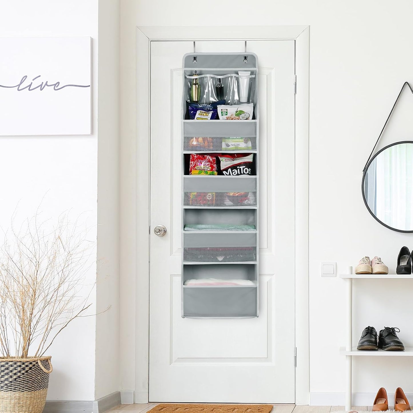 Univivi 5-Shelf Fabric Door Storage Over Door Hanging Organizer with 4 Large Pockets and 3 Small PVC Pockets Nursery Closet Cabinet Wall Mount Hanging Storage Organizers for Baby Nursery (Grey)