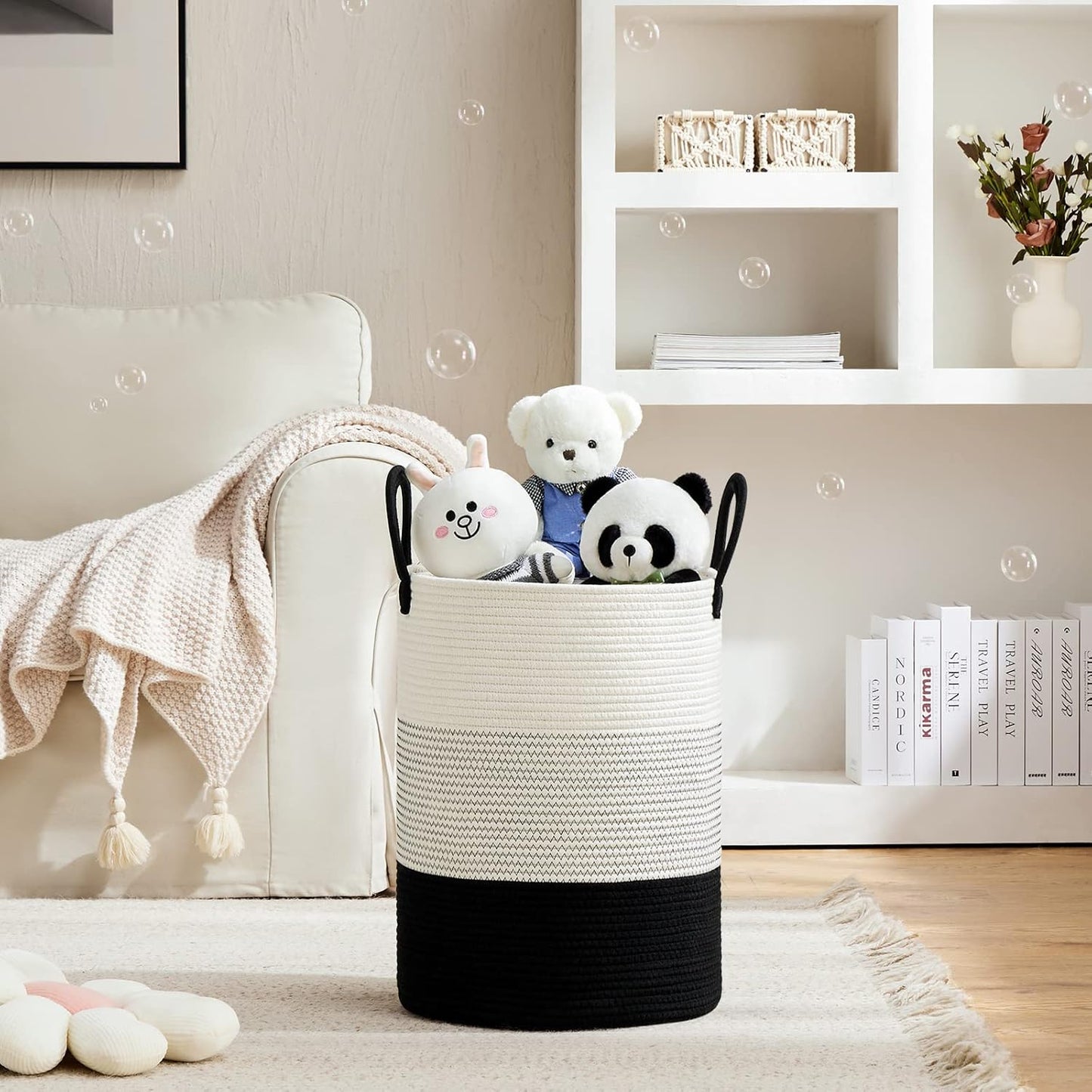 VIPOSCO Large Laundry Hamper, Tall Woven Rope Storage Basket for Blanket, Toys, Dirty Clothes in Living Room, Bathroom, Bedroom - 58L White & Black