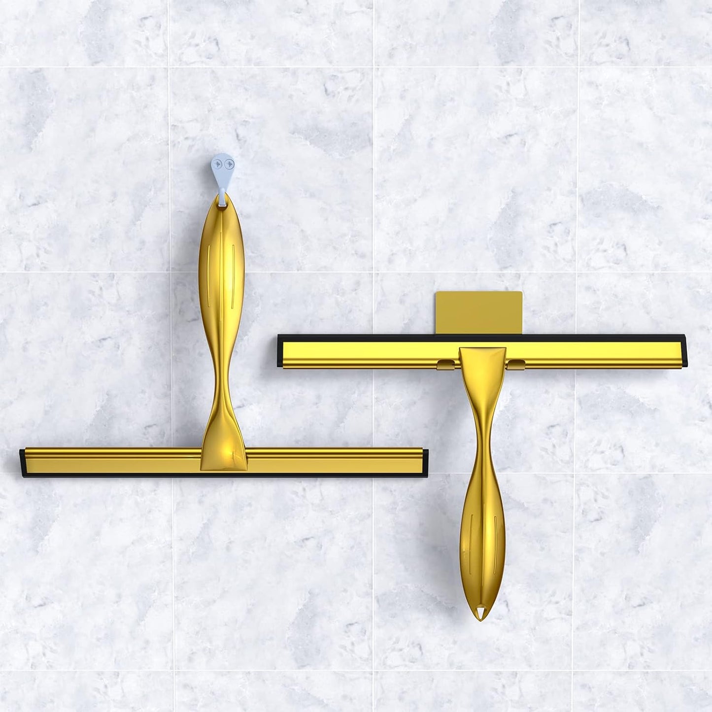 Shower Squeegee Set, 10-Inch Stainless Steel Squeegee for Bathroom, Shower Doors, Mirrors, Tiles, and Car Windows - 100% Streak Free, Includes Shower Door Hook, Adhesive Hook and Spare Silicone Blade