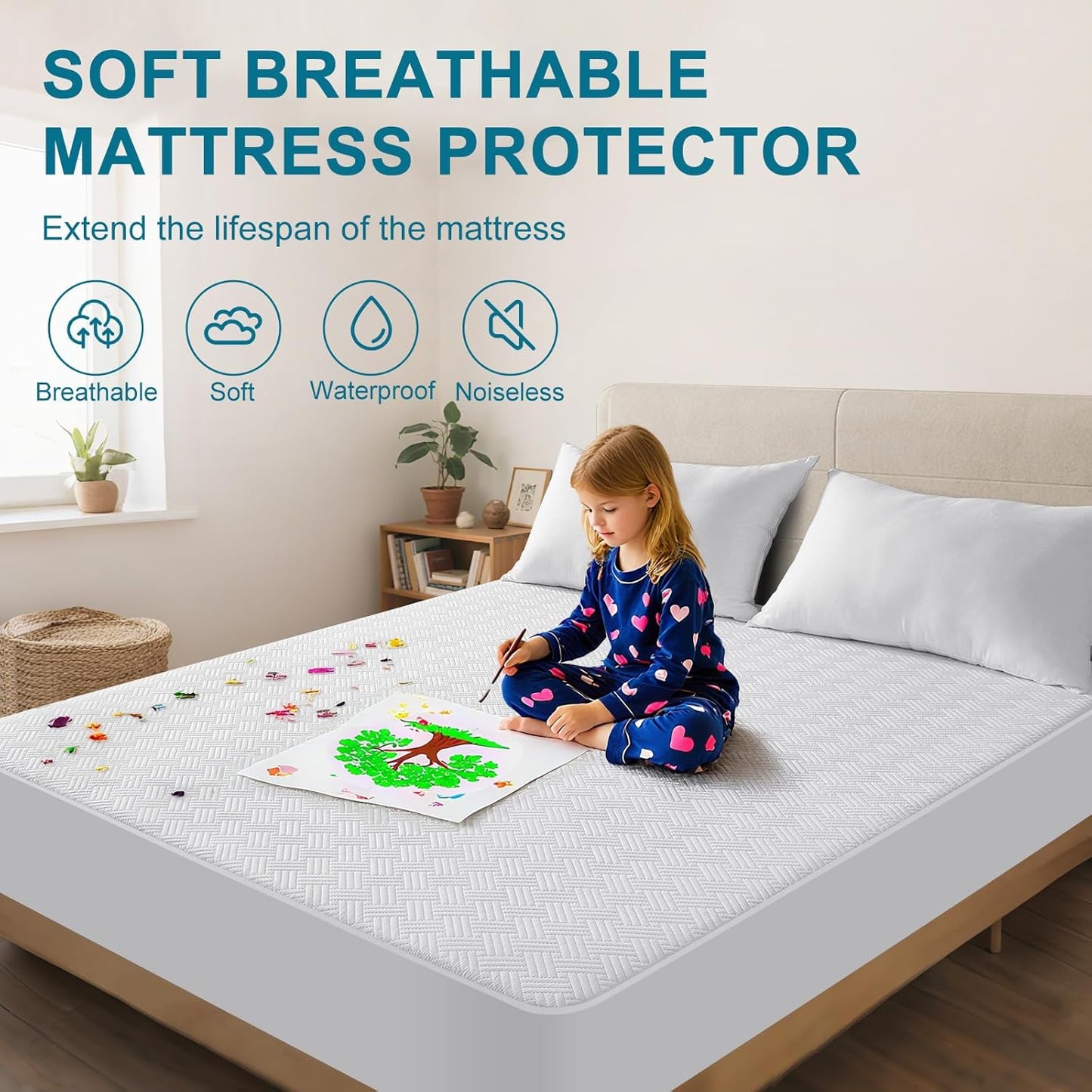 Waterproof Mattress Protector Full Size - Breathable, Noiseless, Ultra-Soft Bed Cover, Mattress Pad Cover with Deep Stretchable Pockets 8"-21" (White)