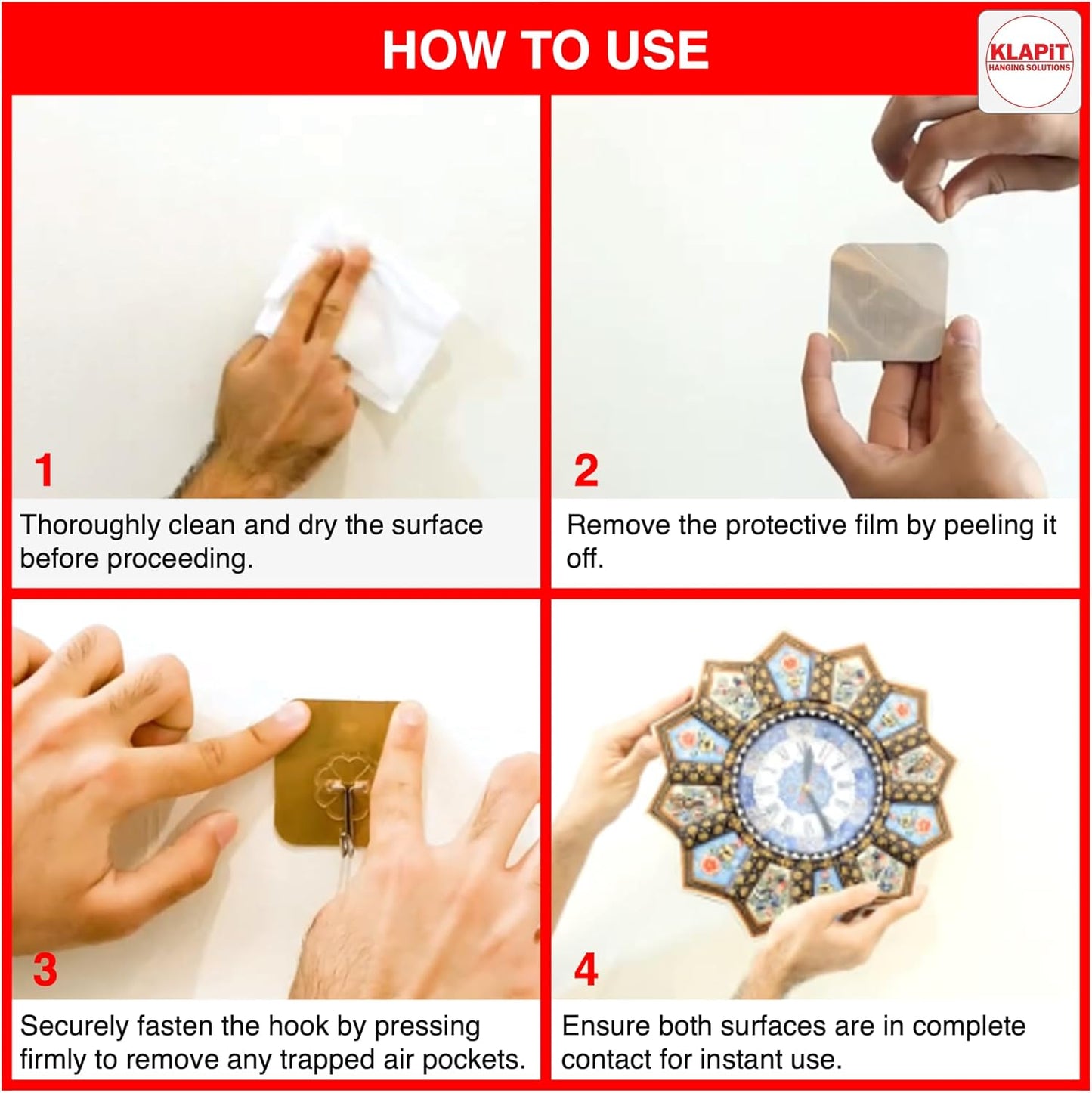 KLAPiT Super Hook - Heavy-Duty Adhesive Gold Wall Hooks, Holds Up to 11 lbs, Waterproof, No Damage, Easy Install on Tile, Wood, Stone, Glass & Metal - Made of Steel (Gold, 4pc)