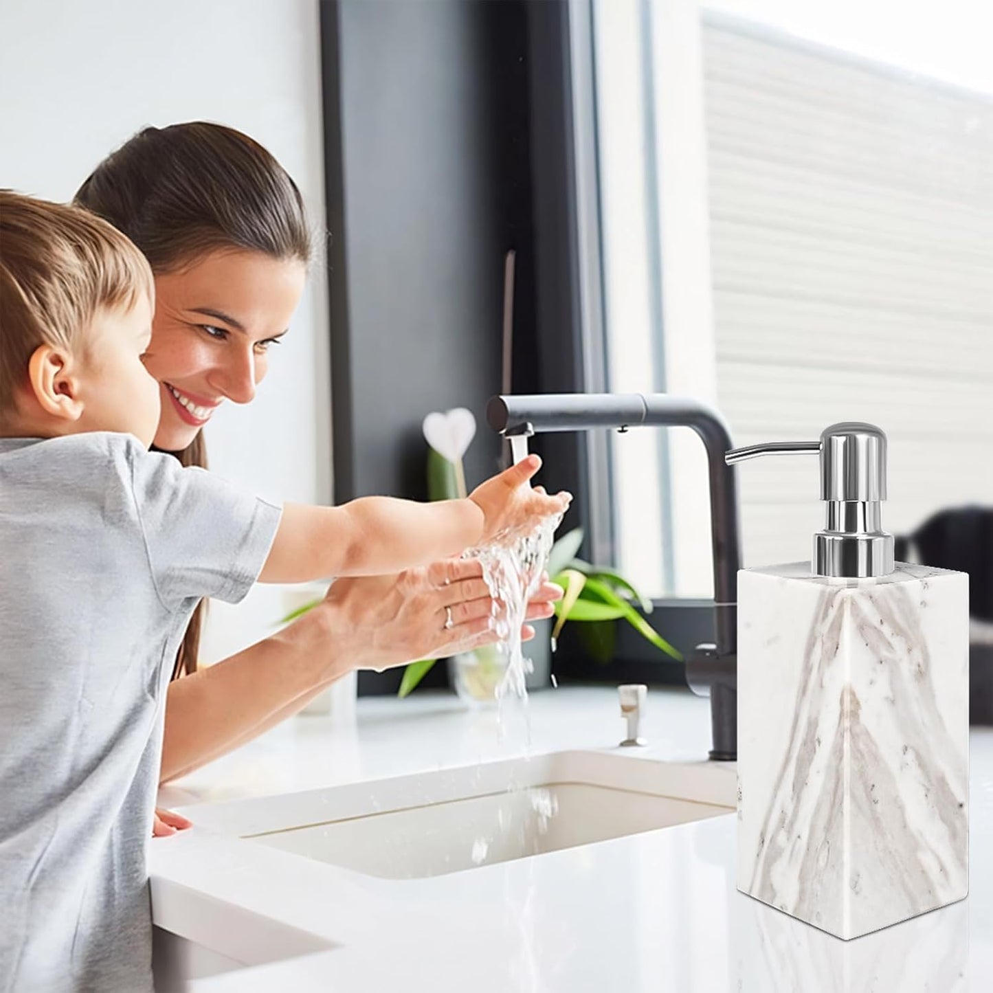 White Marble Soap Dispenser for Bathroom and Kitchen Countertop - Lotion and Liquid Soap Dispenser, 6.7 Ounces Soap Bottle with Pump