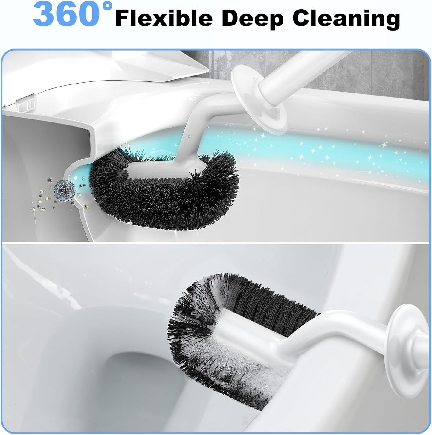 HAMITOR Toilet Bowl Brush Holder Set: Curved Design with Holder for Deep Cleaning Under Rim - Compact Hidden Scrubber for Small Space - Modern RV Bathroom Accessories - 3 Pack
