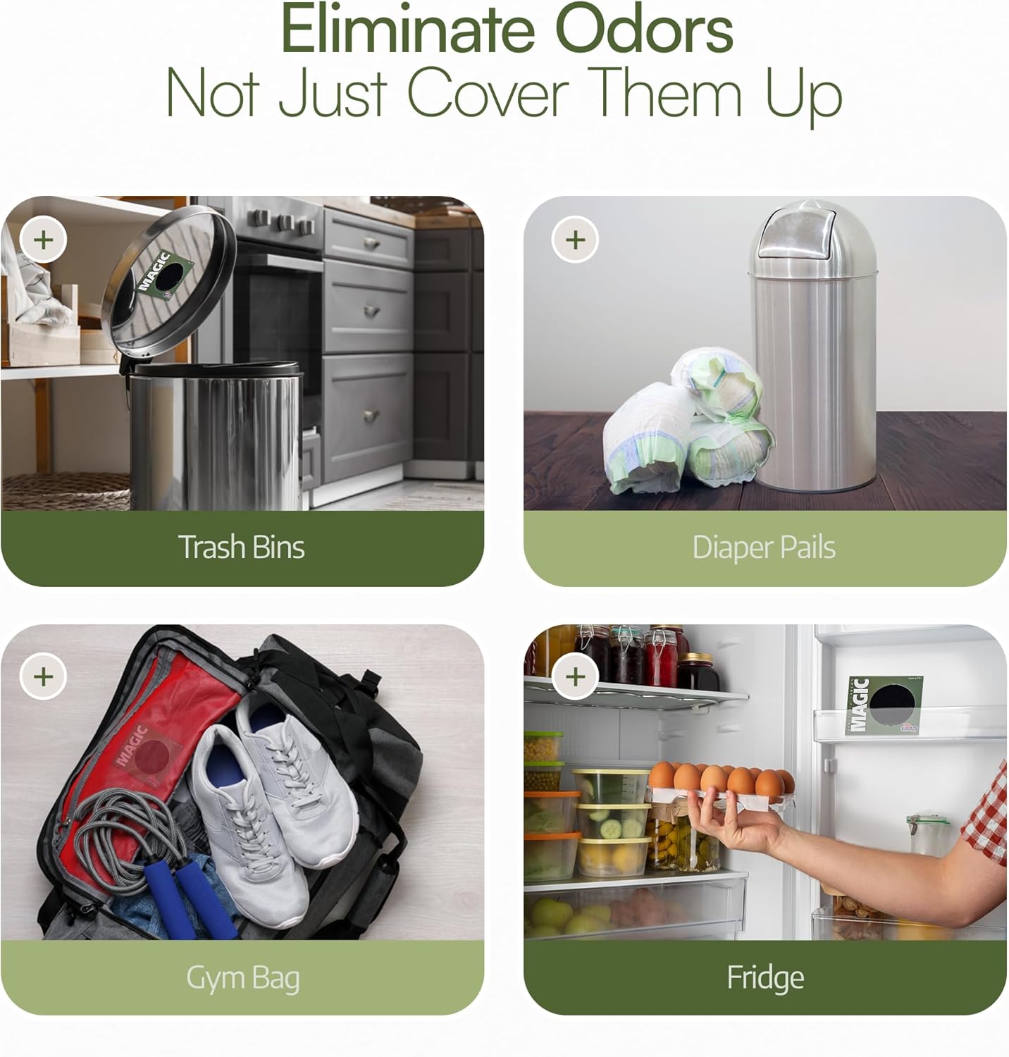 BioStrike Odor Magic - Activated Charcoal Odor Absorber Pads - Kitchen Odor Remover - Easy Peel & Stick Design - All Natural Filters for Trash Cans, Fridges & Small Spaces - Made in USA (8 Pack)