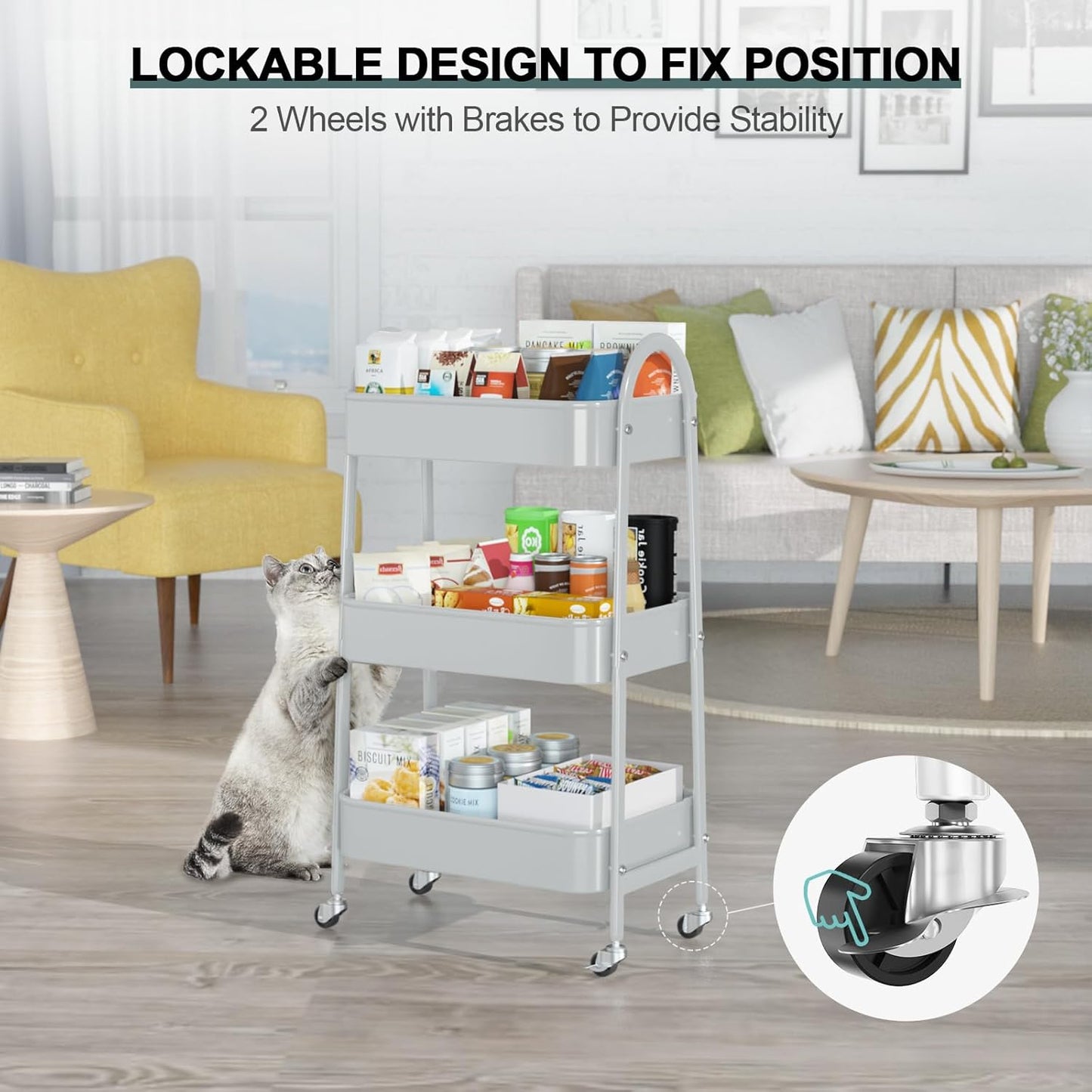 EAGMAK 3 Tier Utility Rolling Cart, Metal Storage Cart with Handle and Lockable Wheels, Multifunctional Storage Organizer Trolley with Mesh Baskets for Kitchen, Living Room, Office, Garage (Grey)