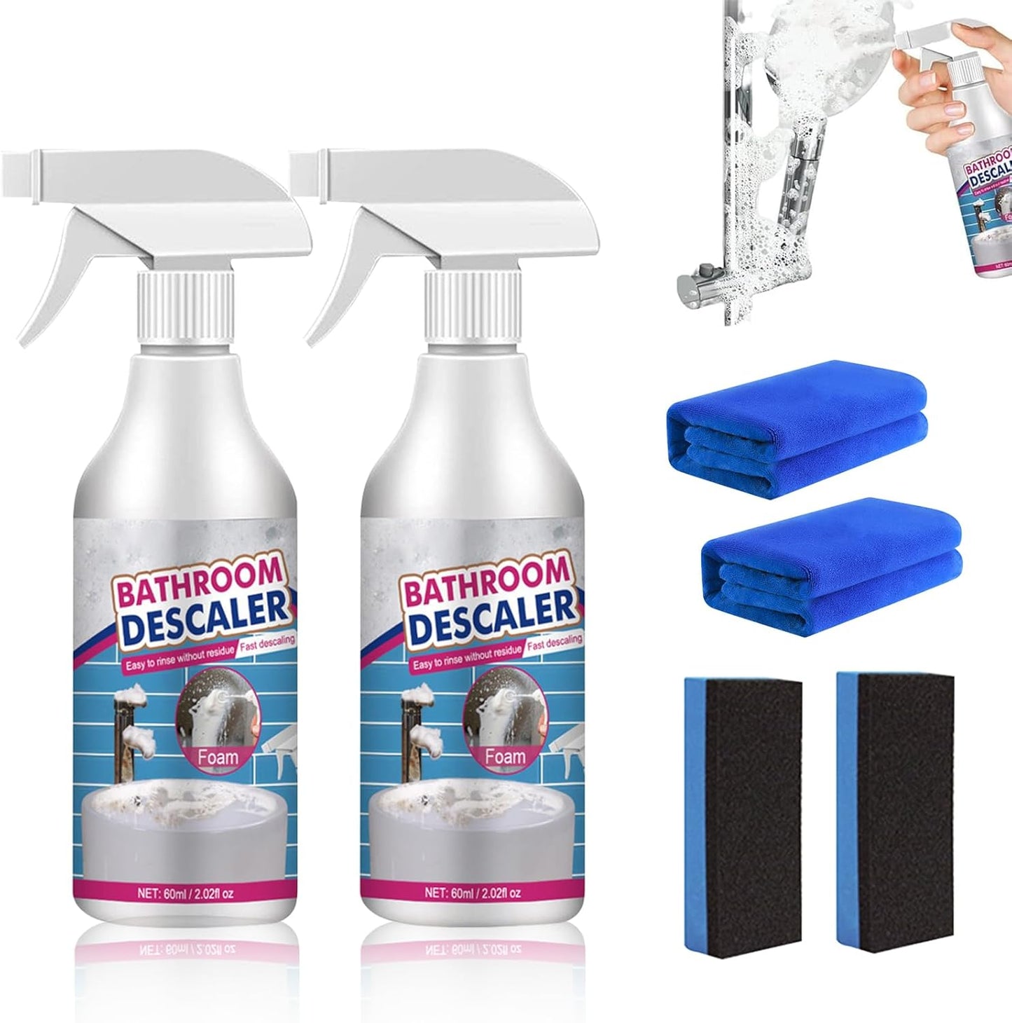 2PCS Bathroom Descaler Foam Cleaner, Stubborn Stains Cleaner, Multipurpose Bathroom Foam Cleaner Spray, Bath-room Descaler Spray for Bath-room Toilet Bath Shower Glass Sink Cleane