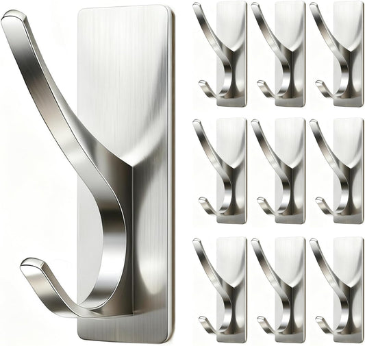 Self Adhesive Coat Hooks for Hanging: Heavy Duty Stainless Wall Hook for Towel, Backpack, Hat, Sturdy Metal Hanger for Bathroom, Bedroom, Door, Brushed Nickel 10 Pack