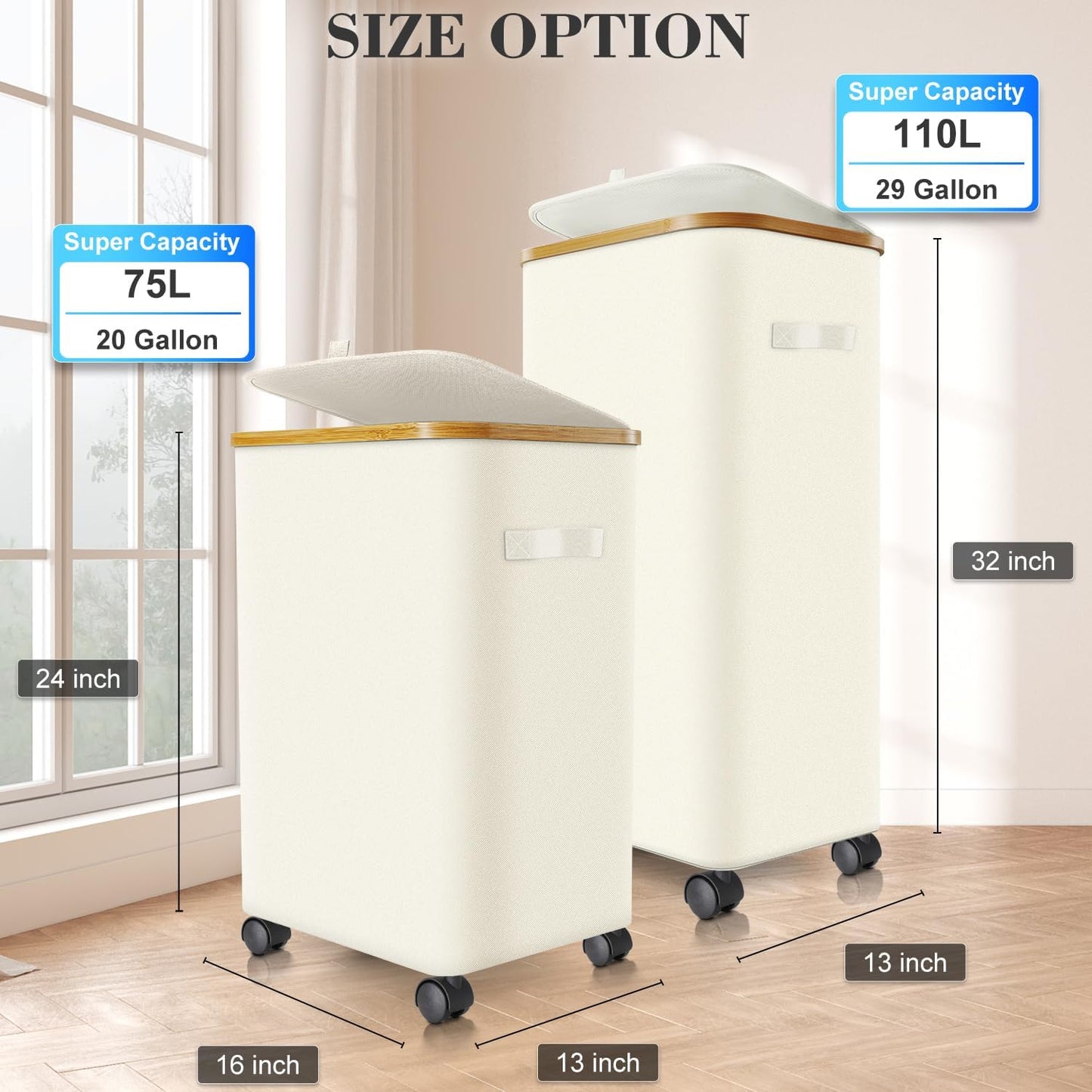 Laundry Hamper with Wheels,20 Gal (75L) Laundry Basket with lid Rolling Clothes Hamper Foldable Dirty Clothes Basket on wheels with Bamboo Frame and Bag for Bedroom, Dorm, Laundry Room-Off White