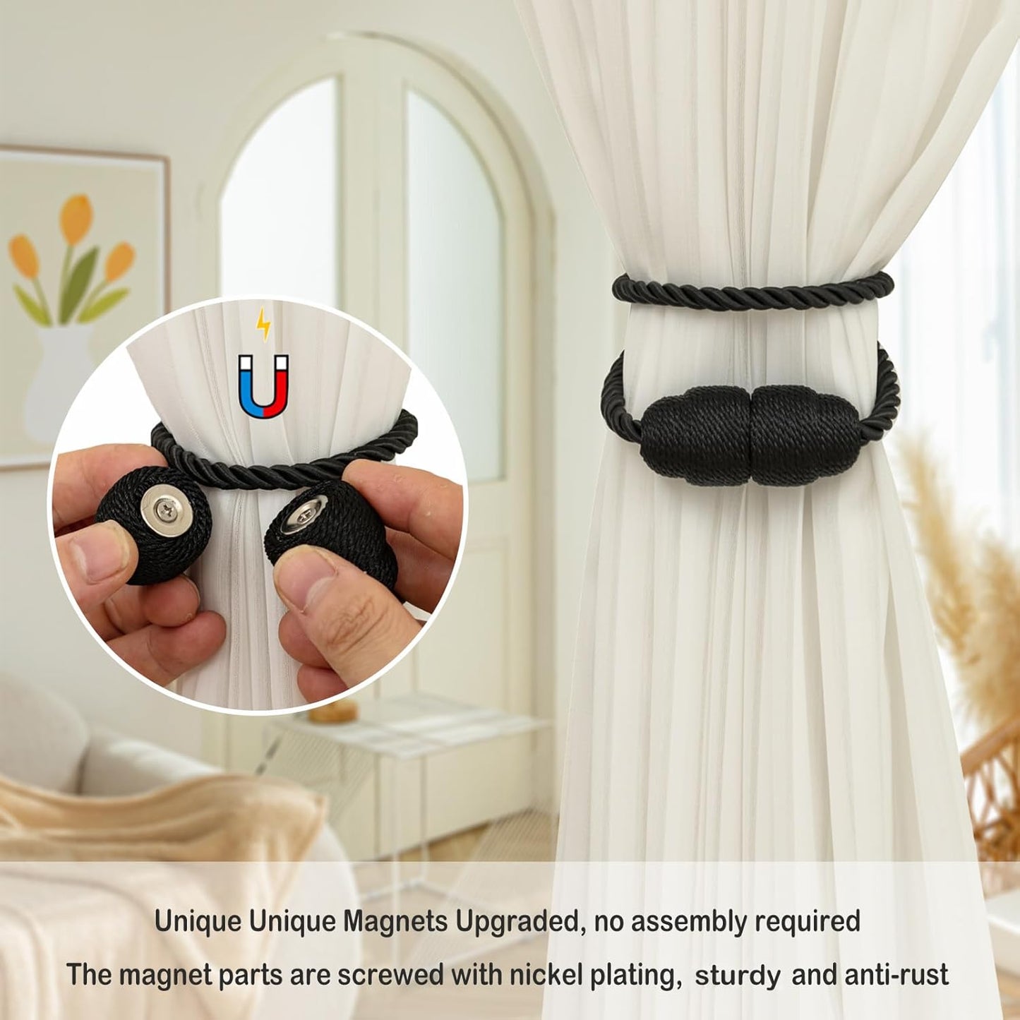 Magnetic Curtain Tiebacks Rope Curtain Tie Backs for Curtains 8 Pack Curtain Holders for Drapes Decorative Window Curtain Holdbacks, Black