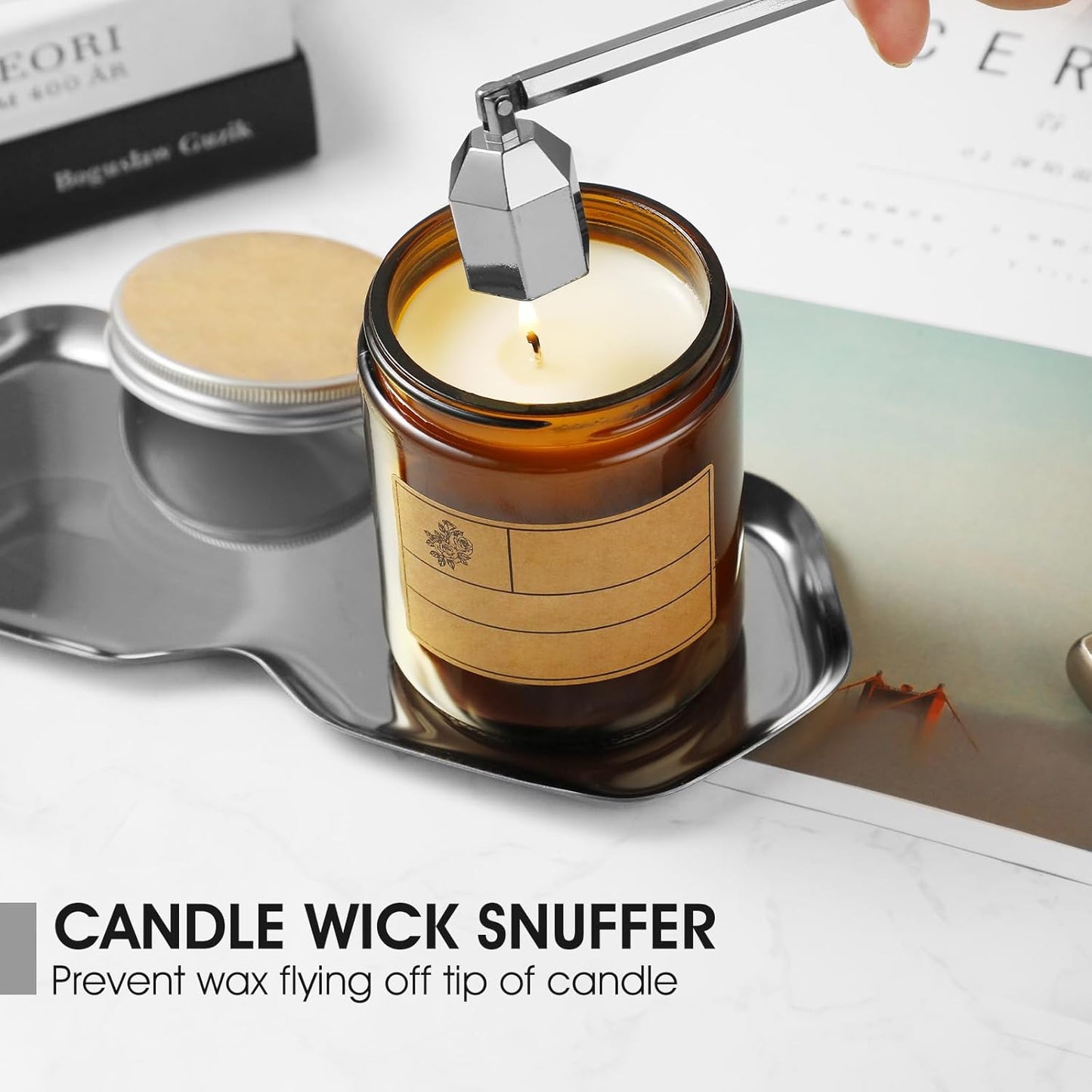 PATOISE 4 in 1 Candle Accessory Set, Wick Trimmer, Candle Snuffer, Wick Scoop, Storage Tray, Perfect for Candle Lovers (Silver)